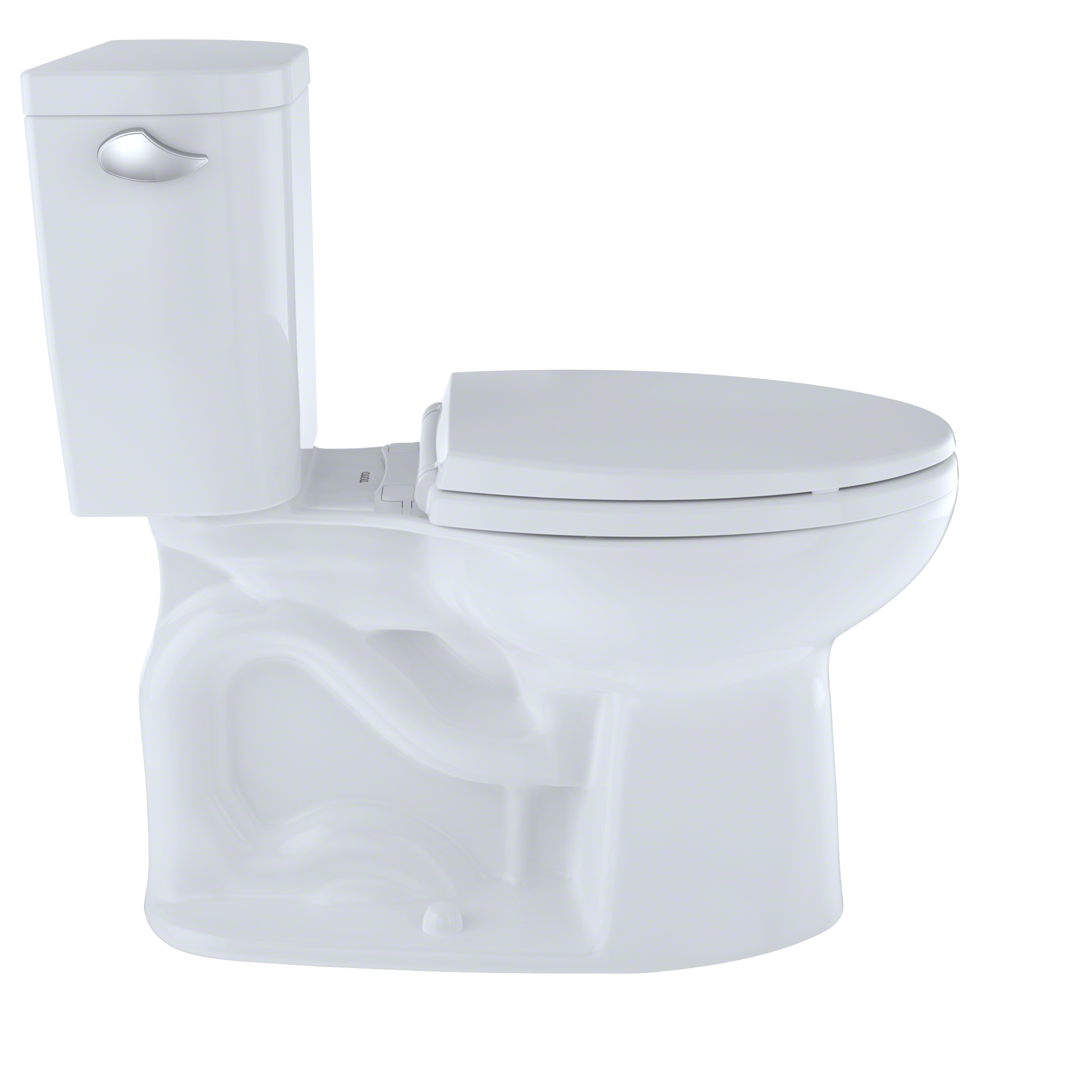 Cotton white two-piece elongated toilet with closed lid and separate tank featuring chrome handle.