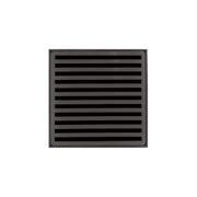 Oil rubbed bronze square drain grate with horizontal slat pattern and center drain opening.