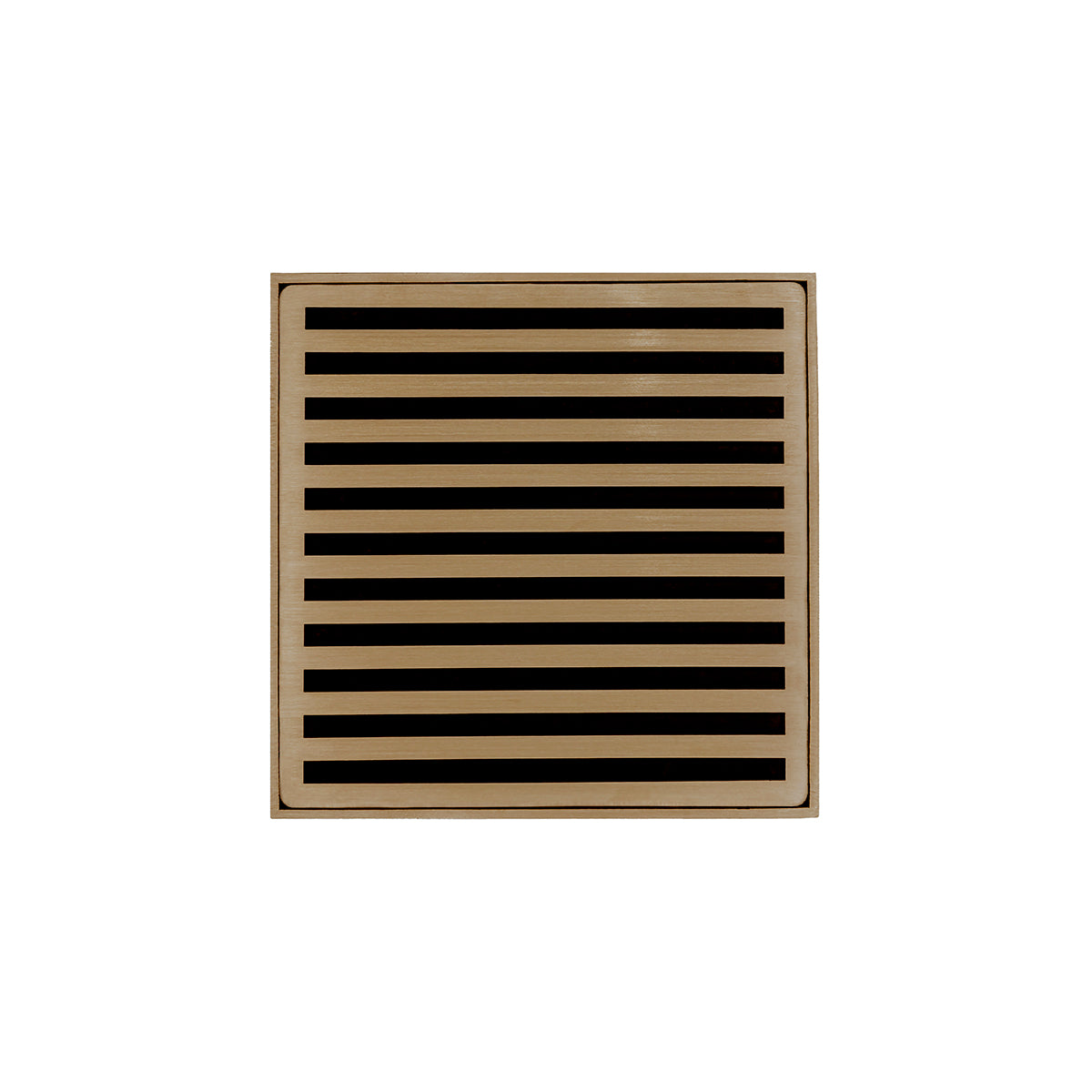 Square satin bronze drain grate with horizontal slat design and centered opening.