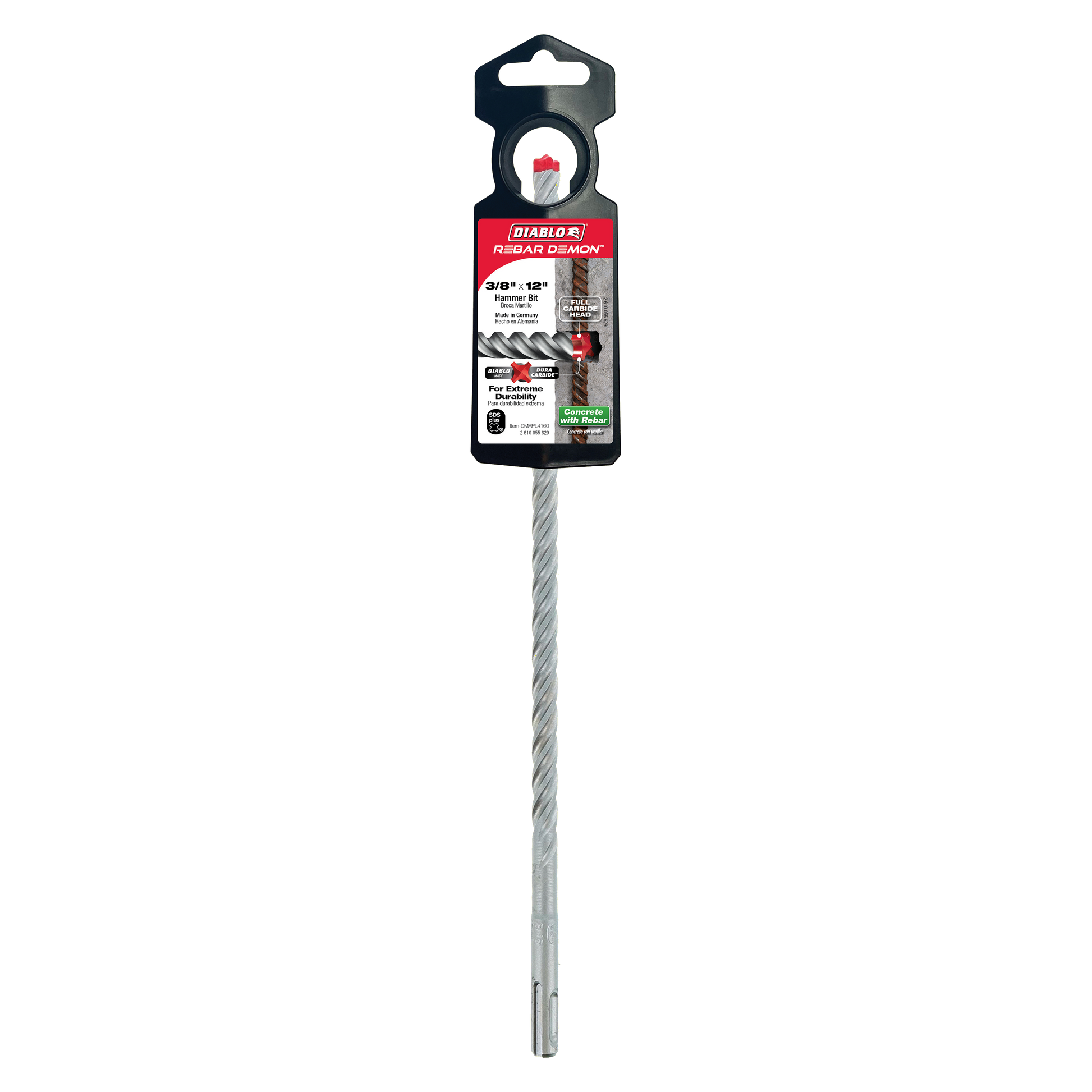 Diablo Rebar Demon SDS-Plus hammer drill bit with 4-cutter carbide head and black packaging displayed vertically.