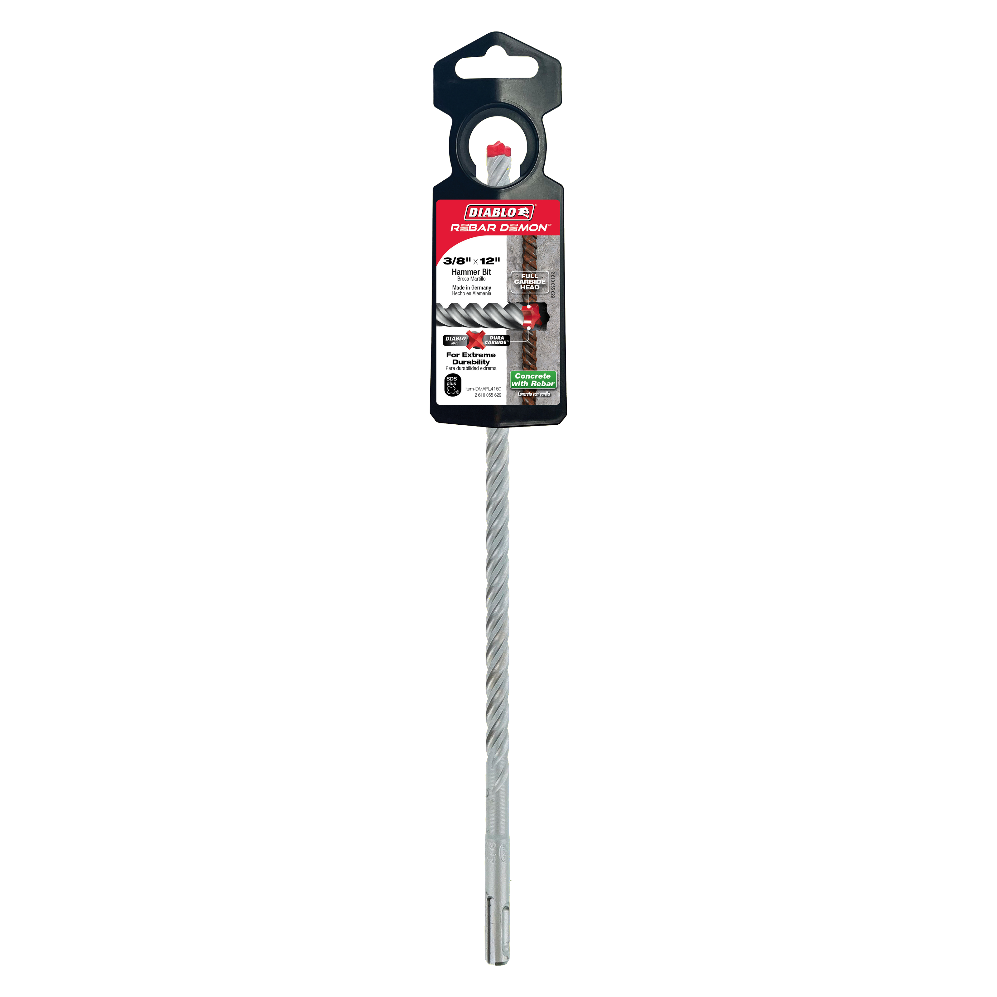 Diablo Rebar Demon SDS-Plus hammer drill bit with 4-cutter carbide head and black packaging displayed vertically.