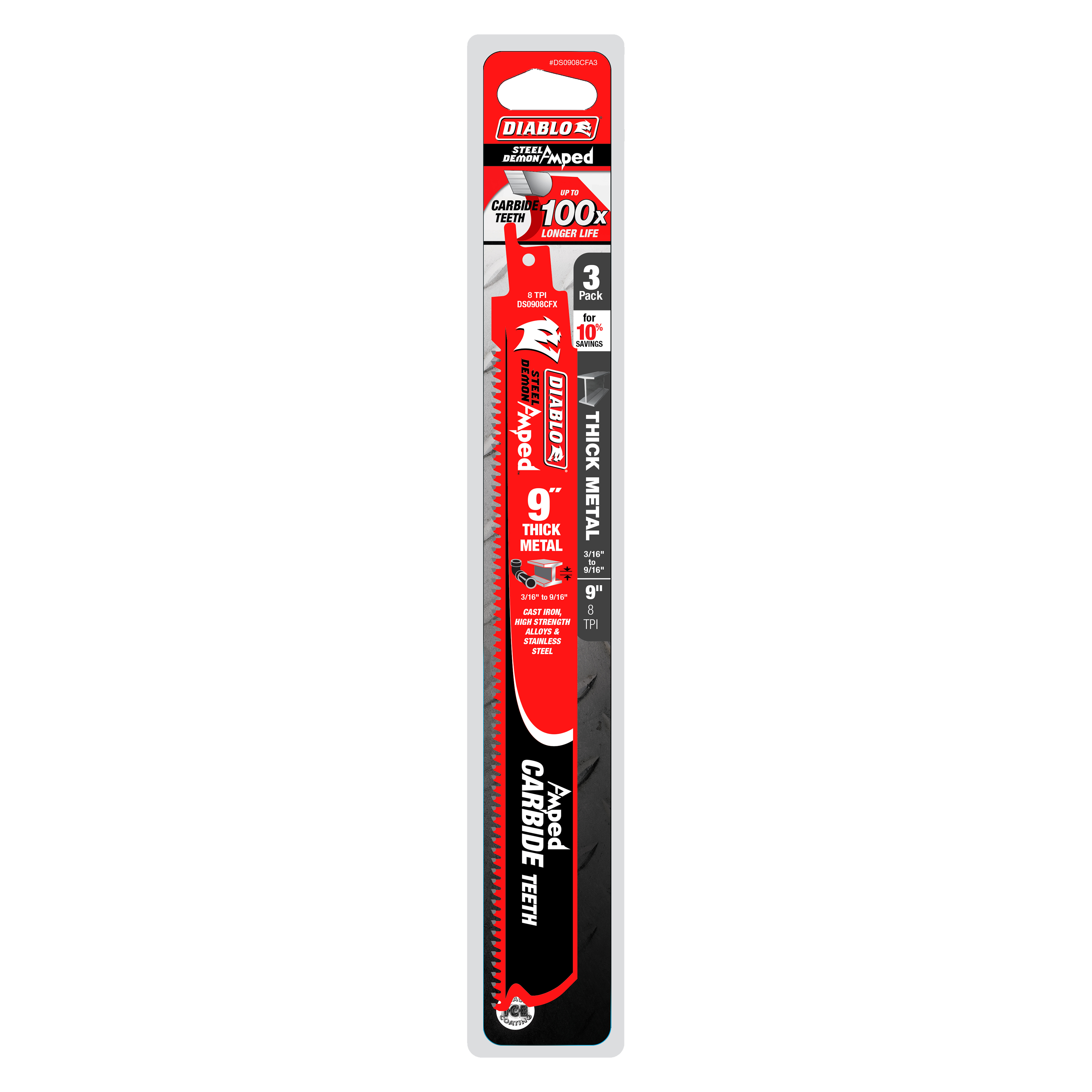 Diablo 9" 8TPI AMPED Steel Demon Carbide Teeth Reciprocating Saw Blades for Thick Metal - DS0908CFA3 - 5 Packs of 3