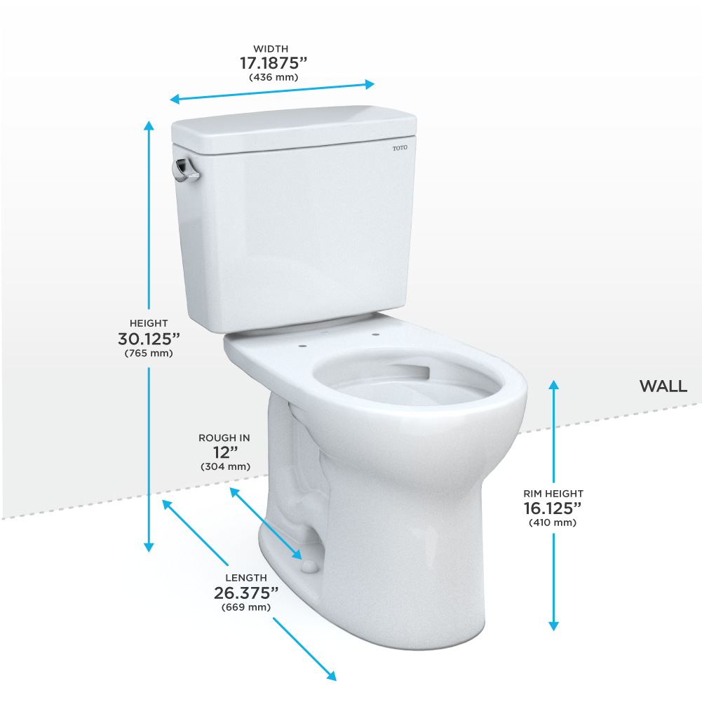 Toto Drake two-piece round toilet in white with dimensions labeled: 17.1875" width, 30.125" height, 26.375" length, and 12" r
