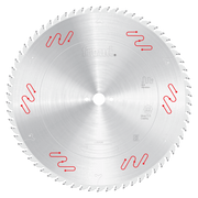 Silver circular saw blade with carbide-tipped teeth and red markings around the face.