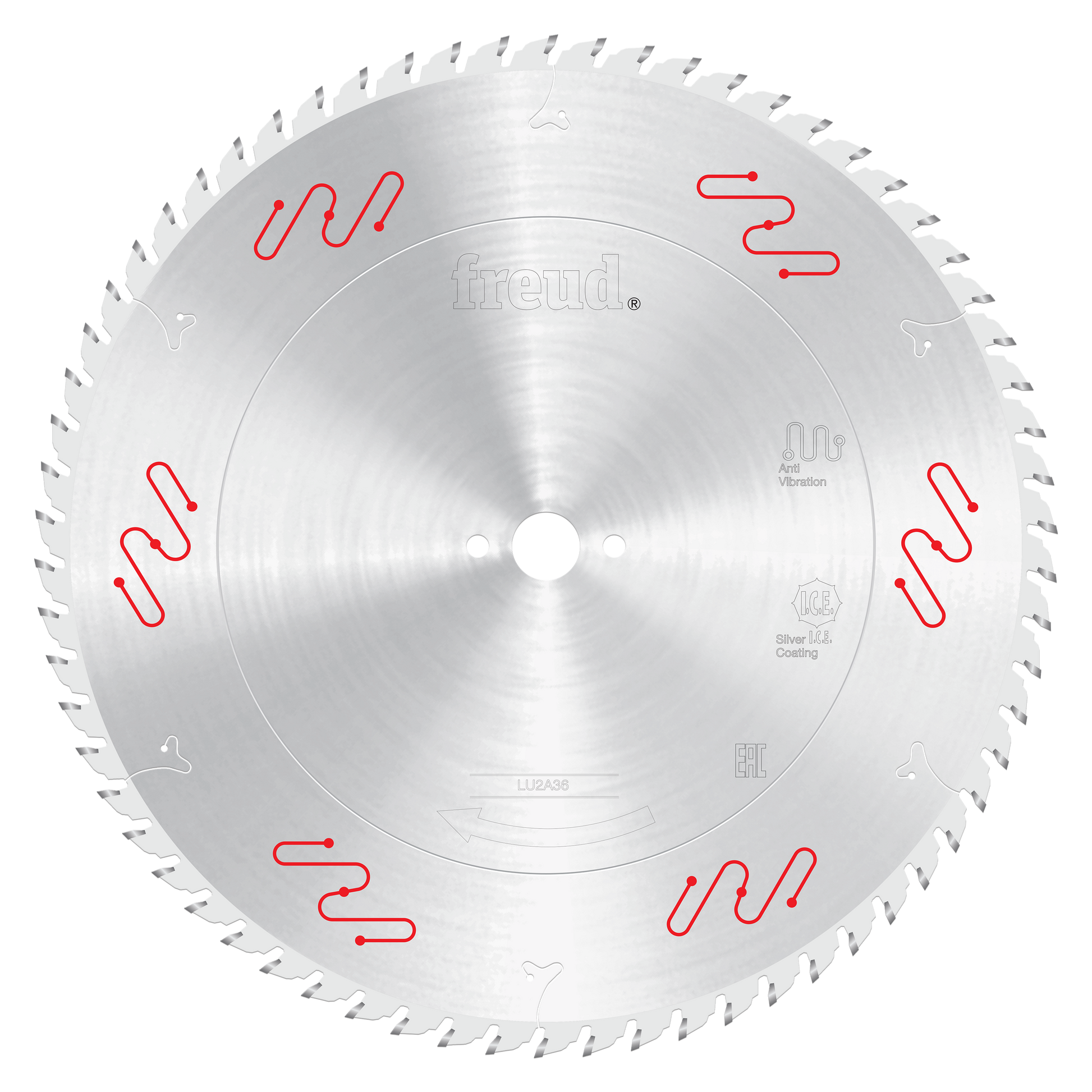 Silver circular saw blade with carbide-tipped teeth and red markings around the face.