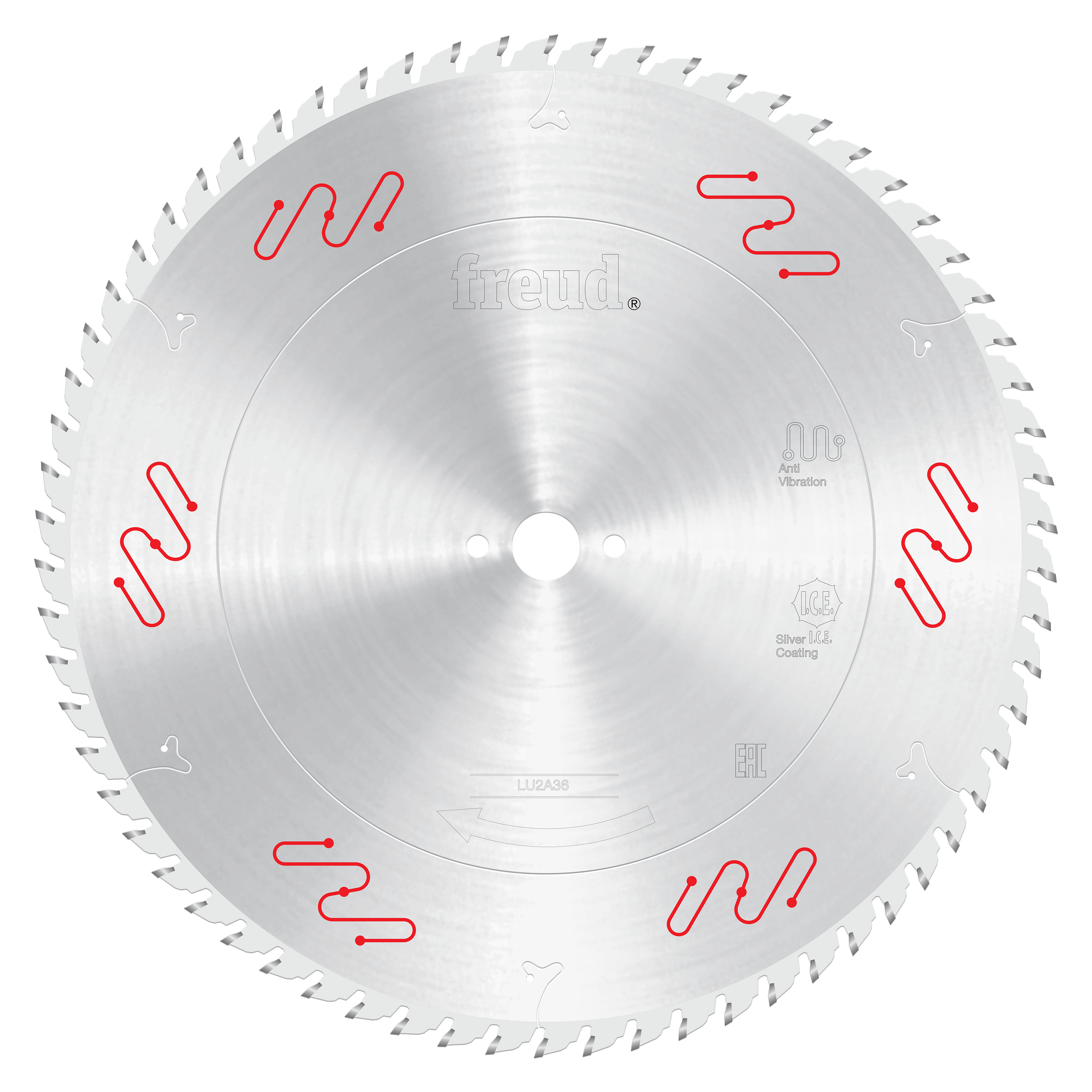 Silver circular saw blade with carbide-tipped teeth and red markings around the face.