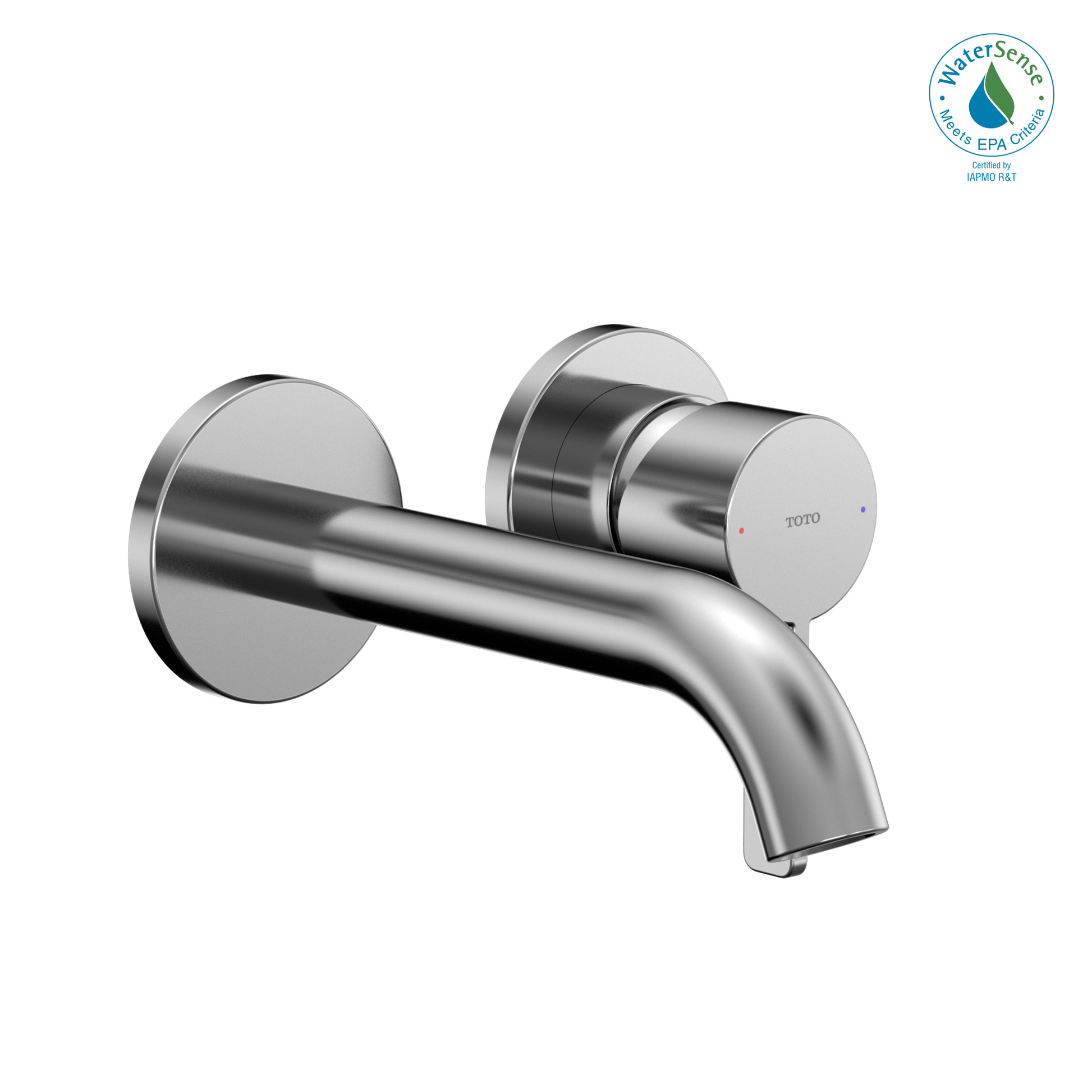 Polished chrome wall-mount bathroom faucet with single cylindrical handle and curved spout.