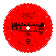 Red circular saw blade with white teeth around the edge, center arbor hole, and black text reading "Ultimate Cutoff" and spec