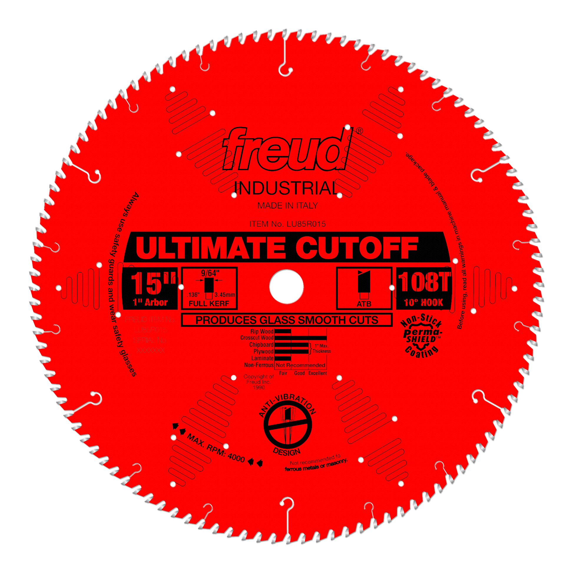 Red circular saw blade with white teeth around the edge, center arbor hole, and black text reading "Ultimate Cutoff" and spec