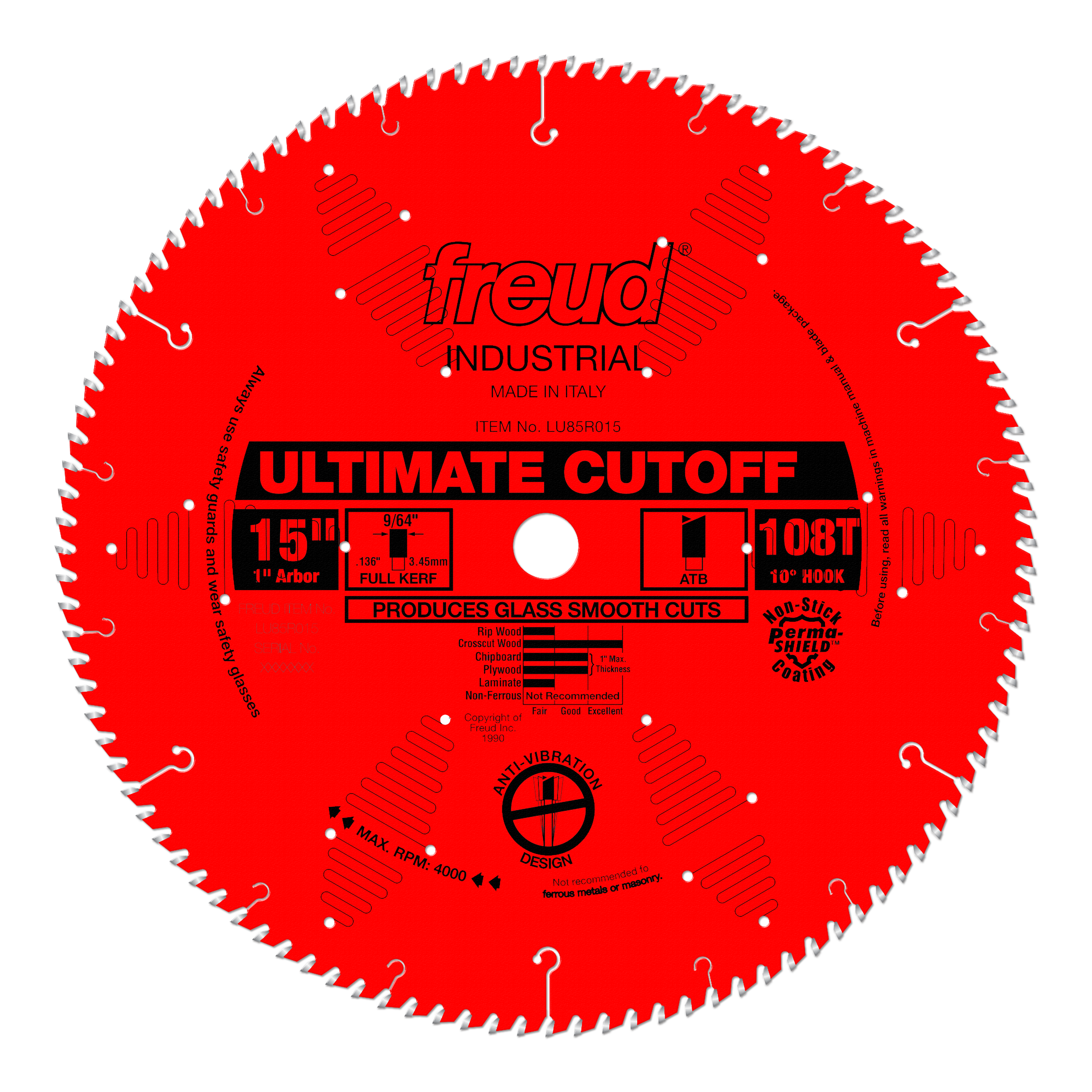 Red circular saw blade with white teeth around the edge, center arbor hole, and black text reading "Ultimate Cutoff" and spec