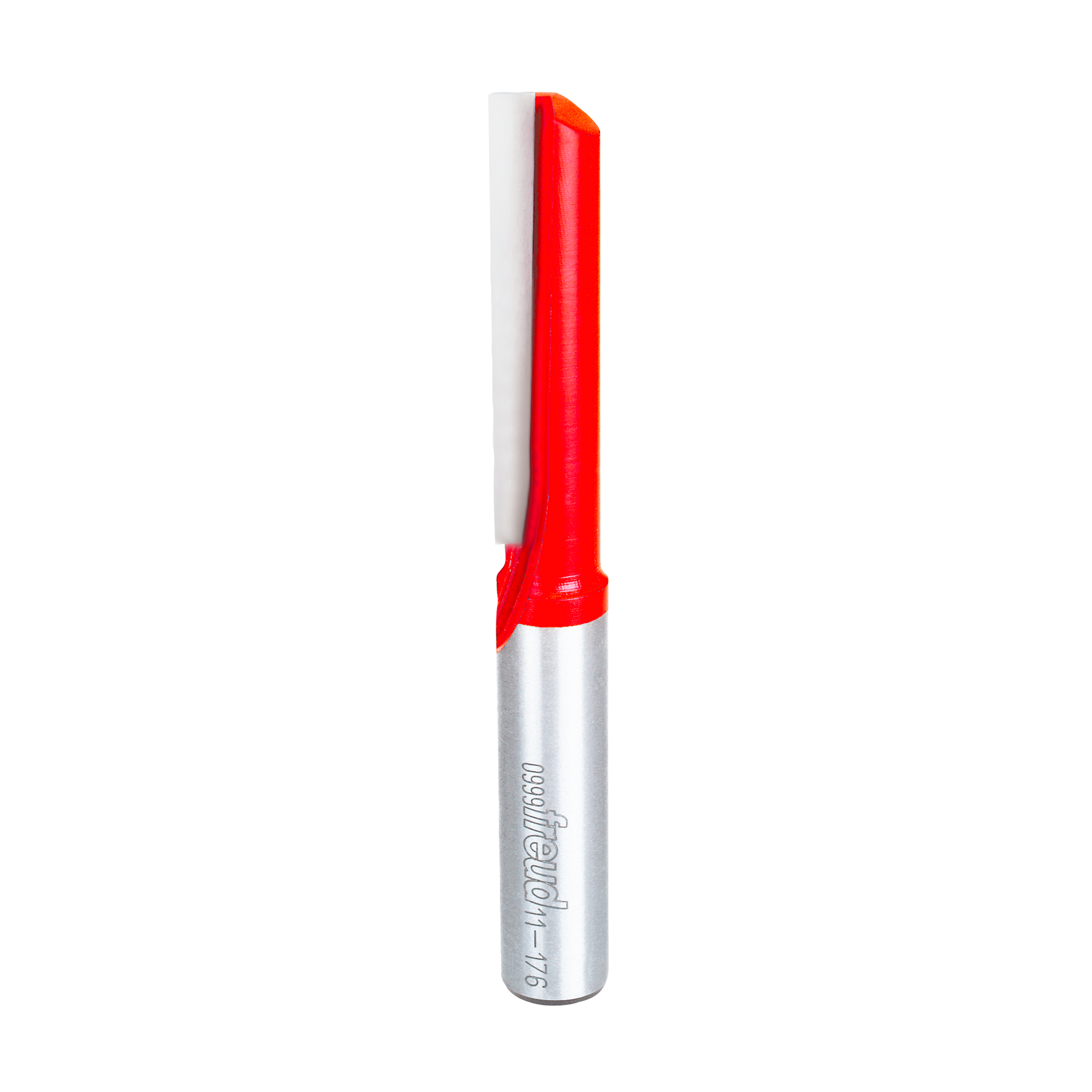 Freud 1/2" diameter single flute straight router bit with red cutting head and silver metal shank.