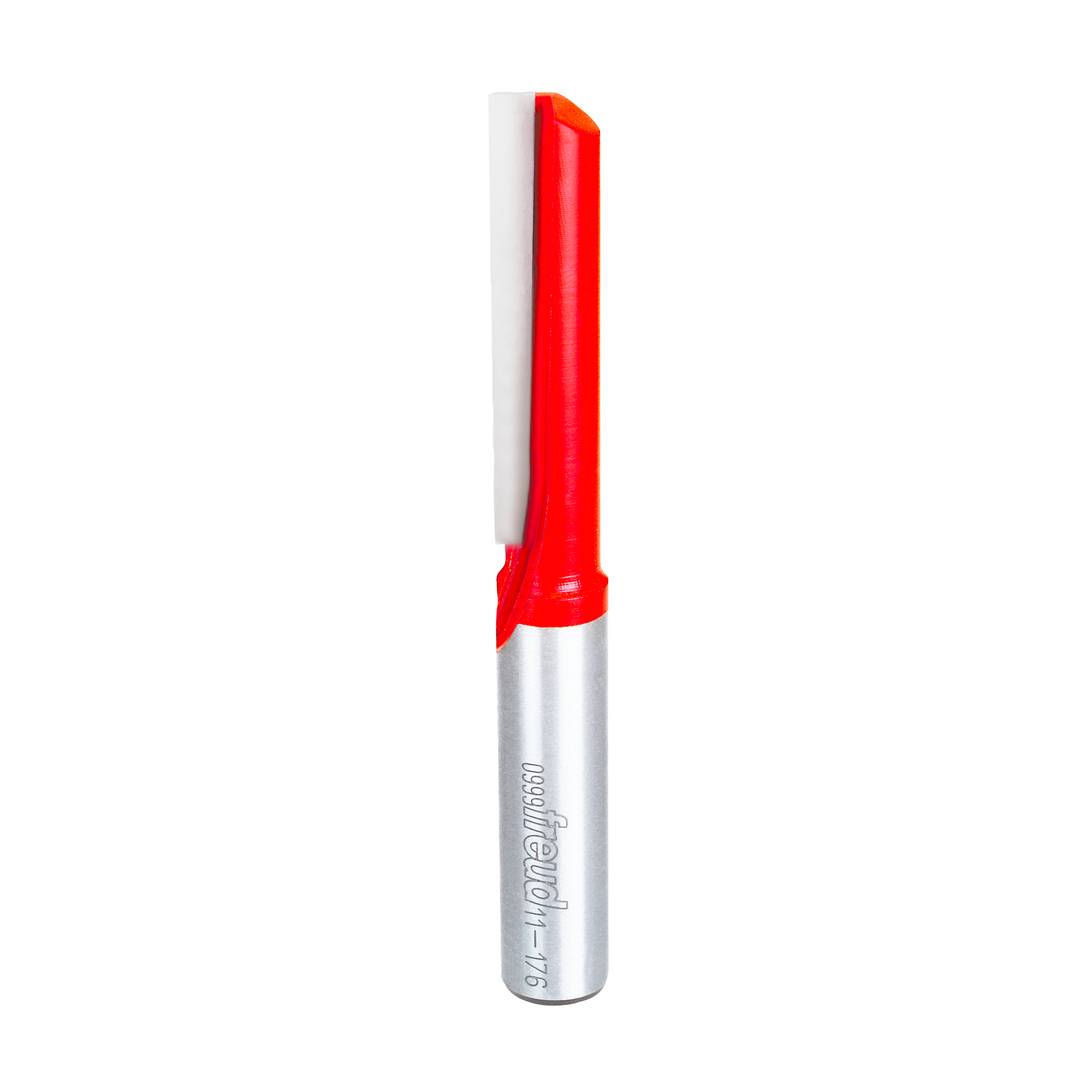Freud 1/2" diameter single flute straight router bit with red cutting head and silver metal shank.