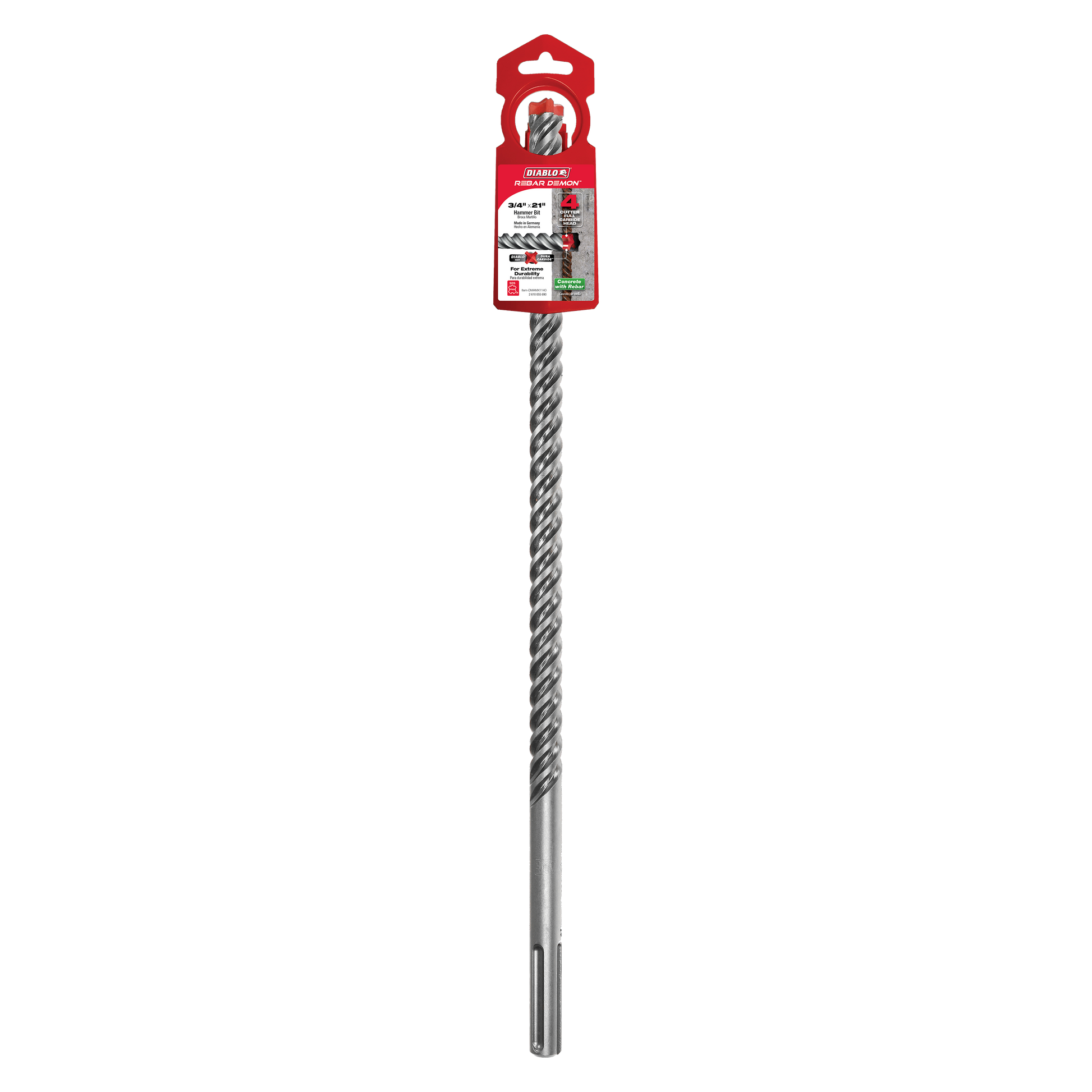 Diablo 3/4 inch SDS-Max hammer drill bit with 4-cutter carbide head and red packaging, full length view.