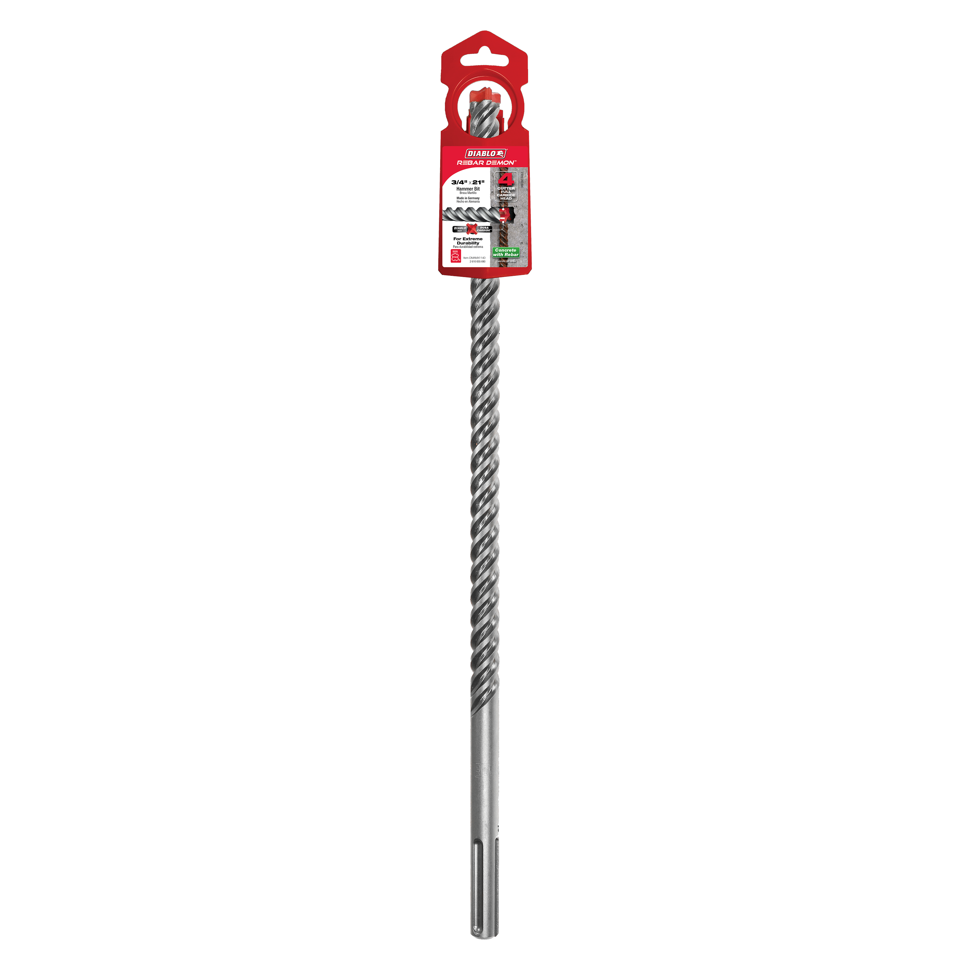 Two Diablo SDS-Max hammer drill bits with spiral flutes and carbide heads in red packaging.