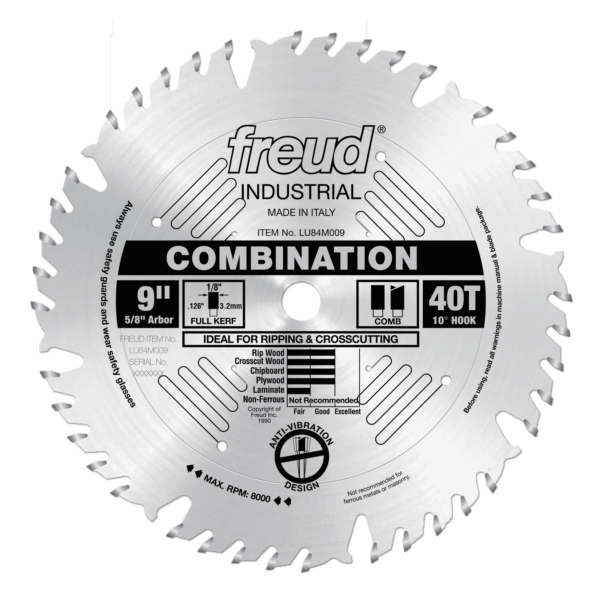 9" circular saw blade with 40 teeth, 5/8" arbor, full kerf design for ripping and crosscutting wood.
