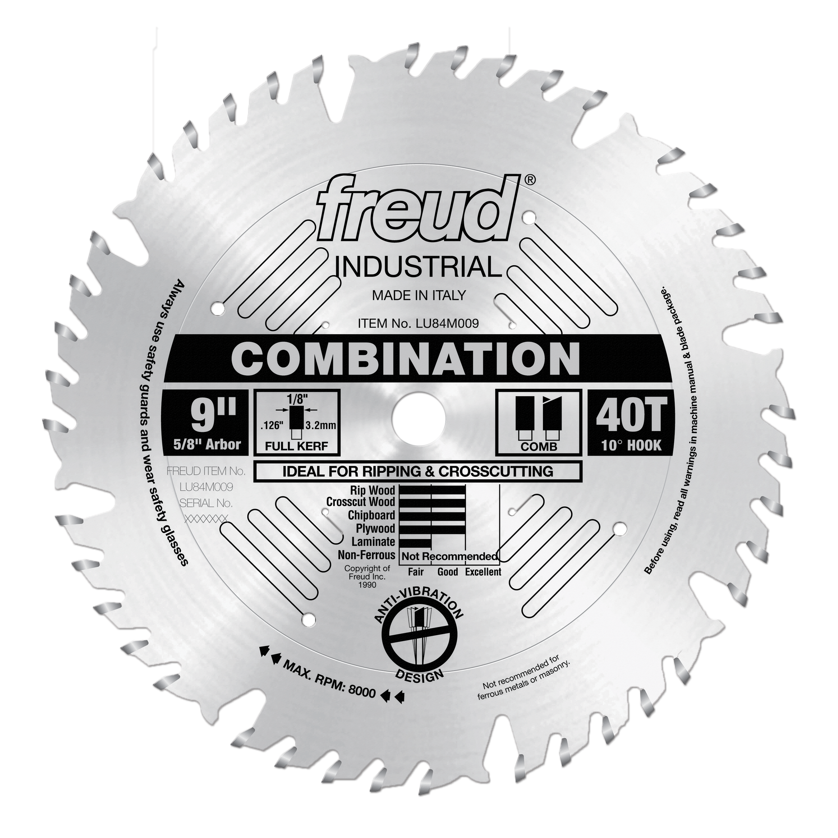 9" circular saw blade with 40 teeth, 5/8" arbor, full kerf design for ripping and crosscutting wood.