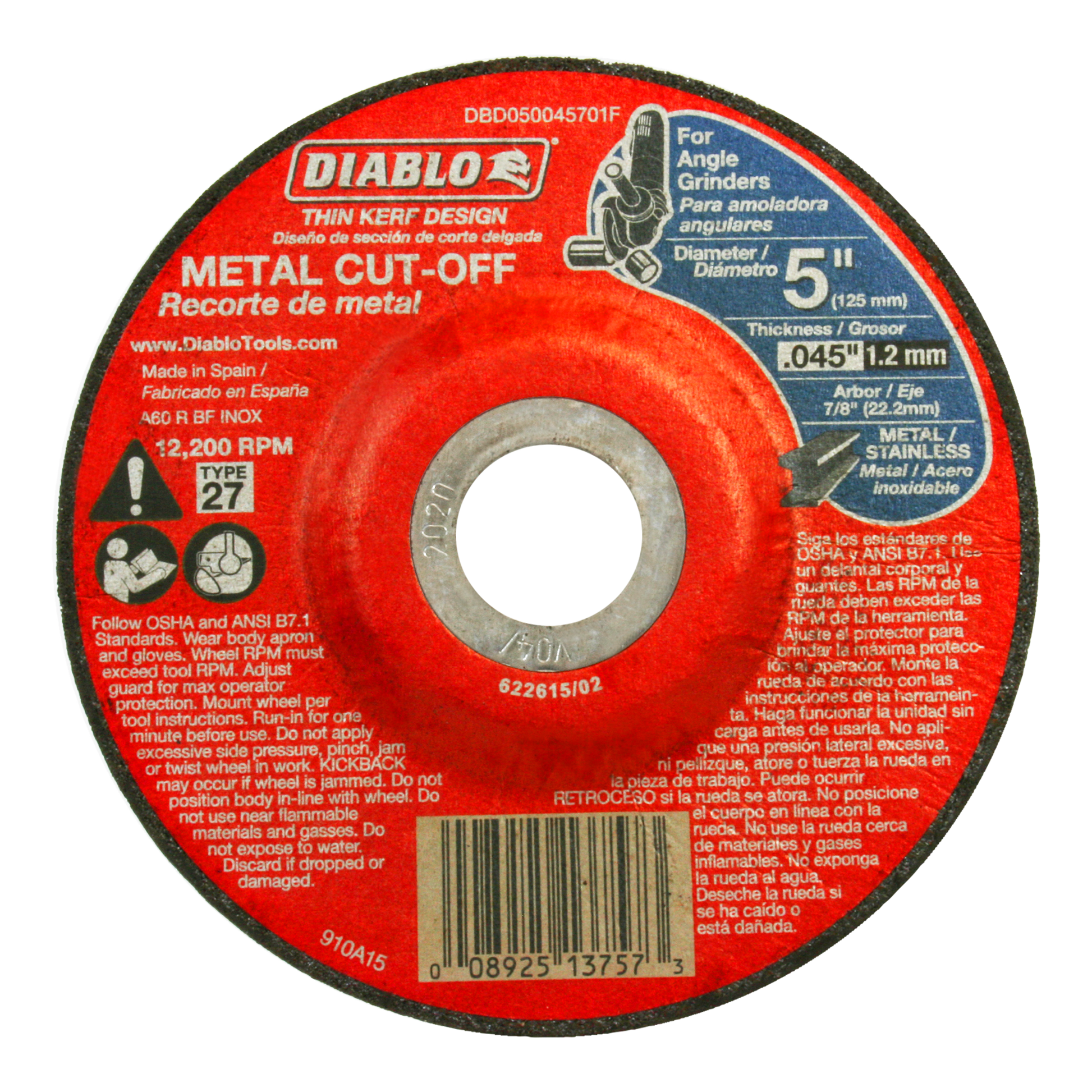Red and black metal cut-off disc with Diablo branding, 5 inches diameter, Type 27, 1.2mm thickness, for angle grinders.