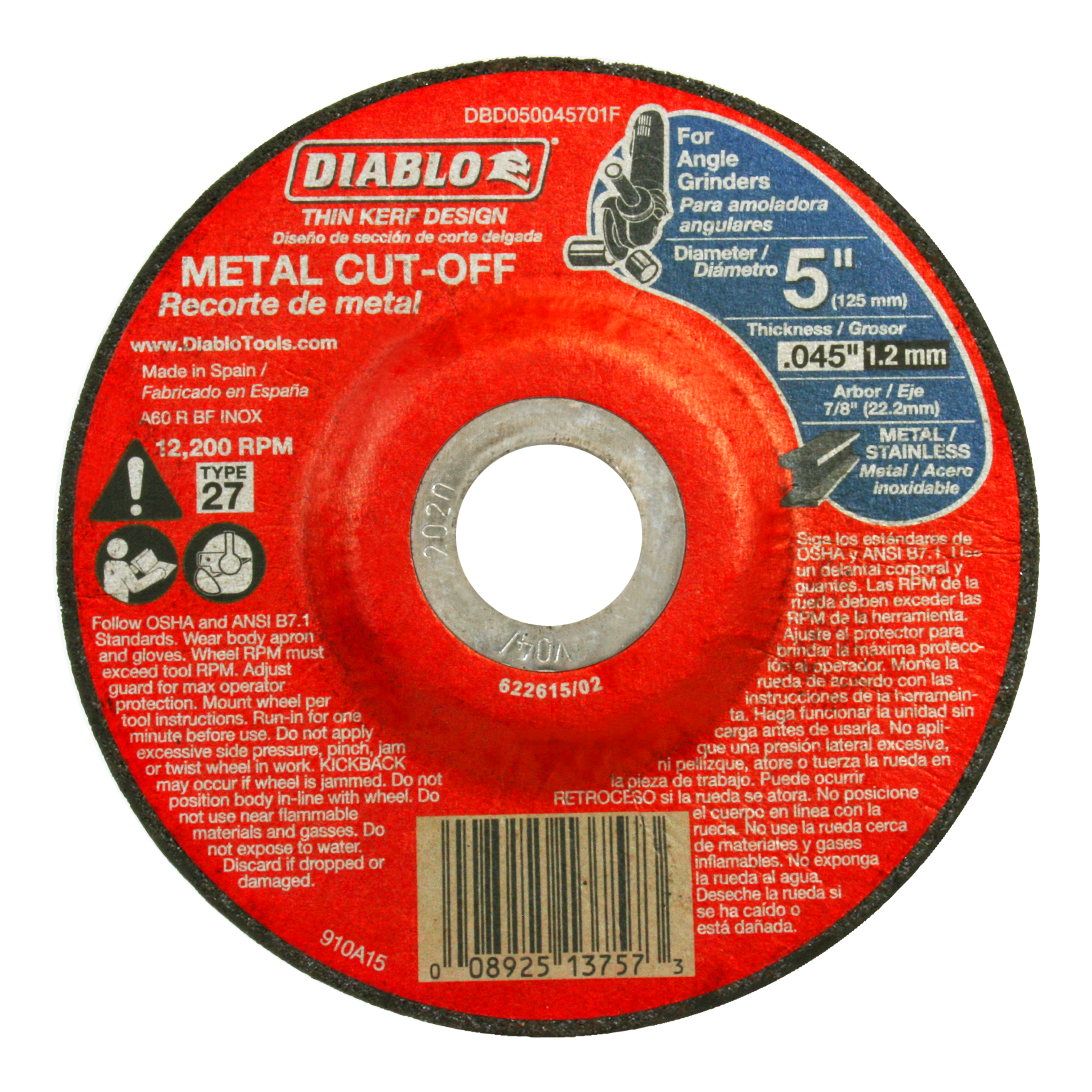 Red and black metal cut-off disc with Diablo branding, 5 inches diameter, Type 27, 1.2mm thickness, for angle grinders.