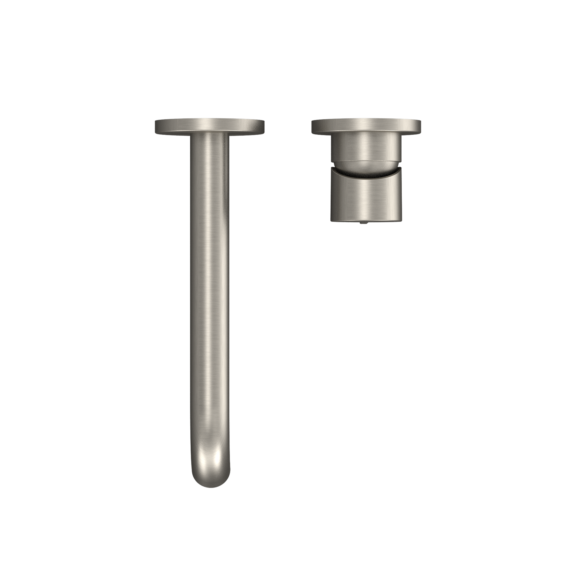 Brushed nickel wall-mount bathroom faucet with long vertical spout and single handle control.