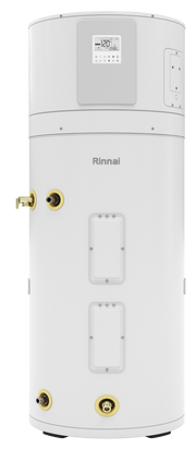 White cylindrical Rinnai electric heat pump water heater with digital control panel, brass connection ports, and access panel