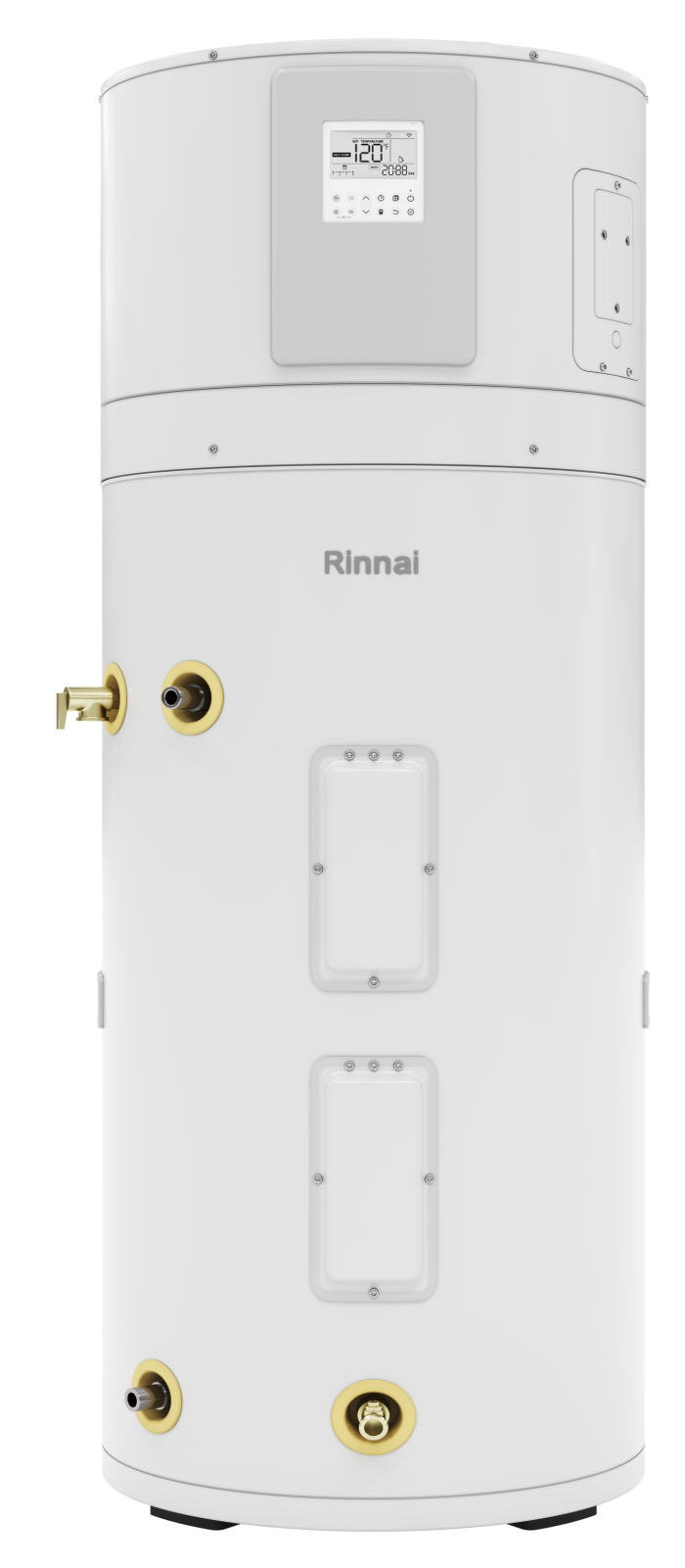 White cylindrical Rinnai electric heat pump water heater with digital control panel, brass connection ports, and access panel