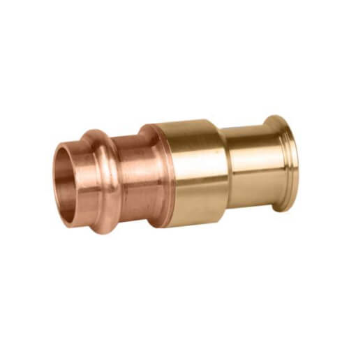 Copper press tailpiece with 1/2" connection on left side and 1" nut connection on right side.