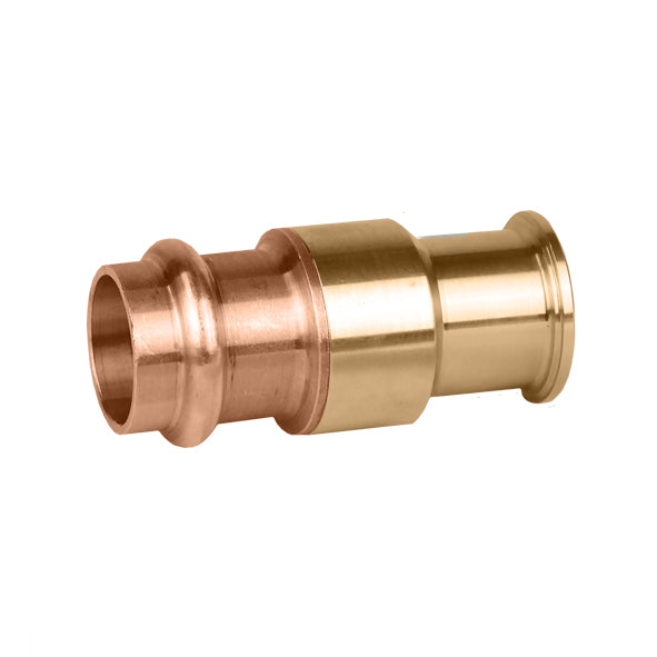 Copper and brass press tailpiece fitting with 1 inch nut connection and graduated diameter sections.
