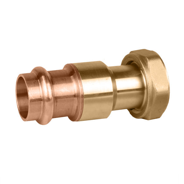 Brass and copper press adapter kit with 3/4" copper fitting on left and 1" union nut connection on right.