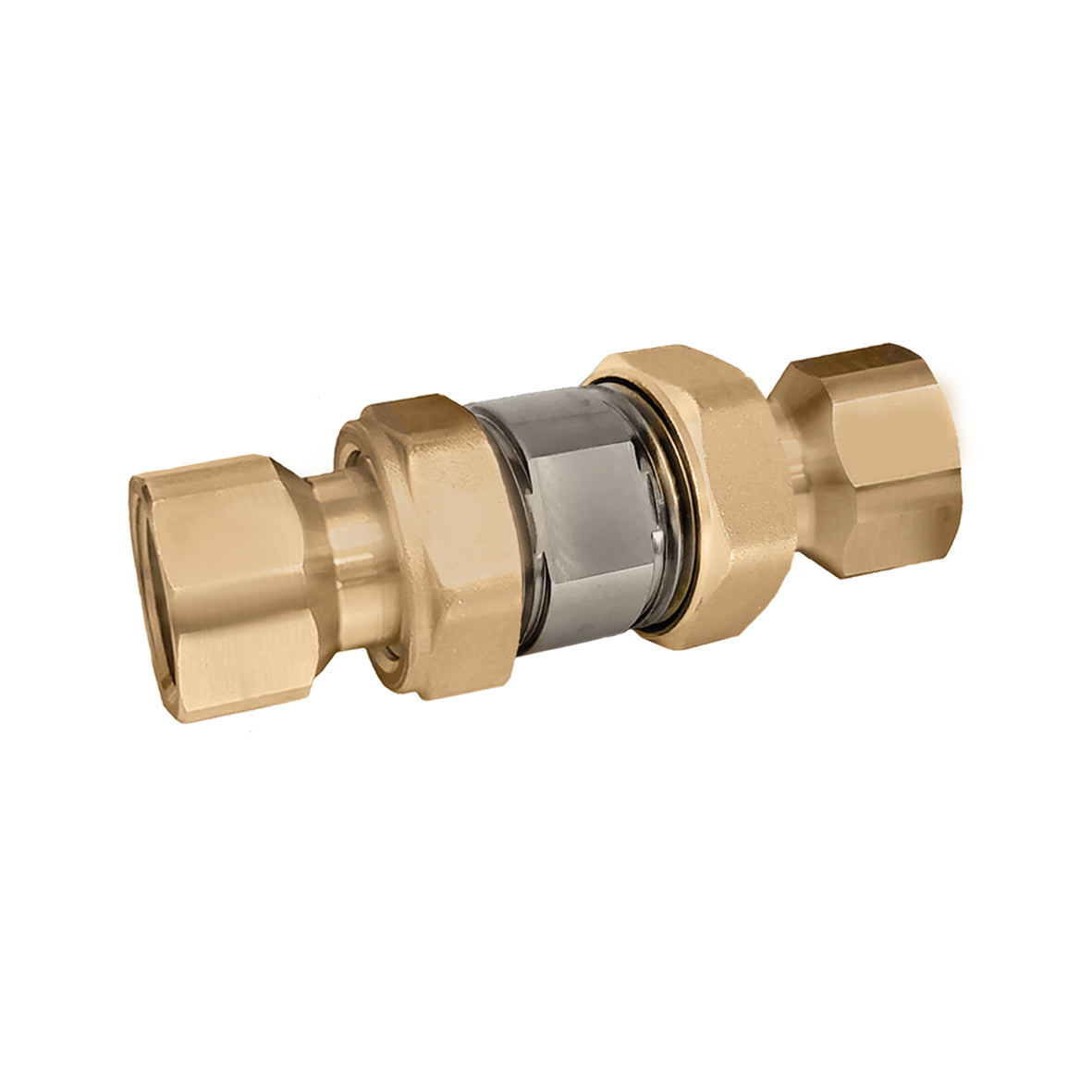 Brass check valve with 3/4" female NPT connections and serviceable cartridge design.