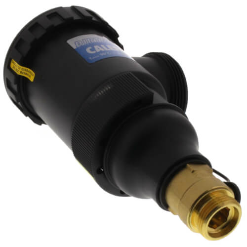 Black cylindrical dirt separator with brass NPT connection at bottom and blue label on side.