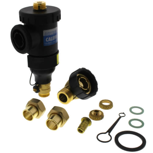 Caleffi dirt separator with 3/4 inch NPT connections and brass fittings, includes removal cartridge and gasket seals.
