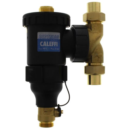 Black and brass dirt separator with 3/4 inch NPT connections and integral pump attachment.
