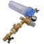 Brass water valve assembly with blue top component, integrated filter housing, and pressure gauge port.