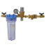 Brass autofill combo unit with blue filter housing, inlet valve, outlet gauge, and NPT connections.