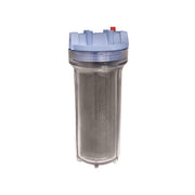 Cylindrical replacement filter cartridge with transparent housing, granular filter media, blue cap with red indicator button,