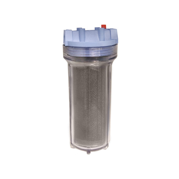Cylindrical replacement filter cartridge with transparent housing, granular filter media, blue cap with red indicator button,