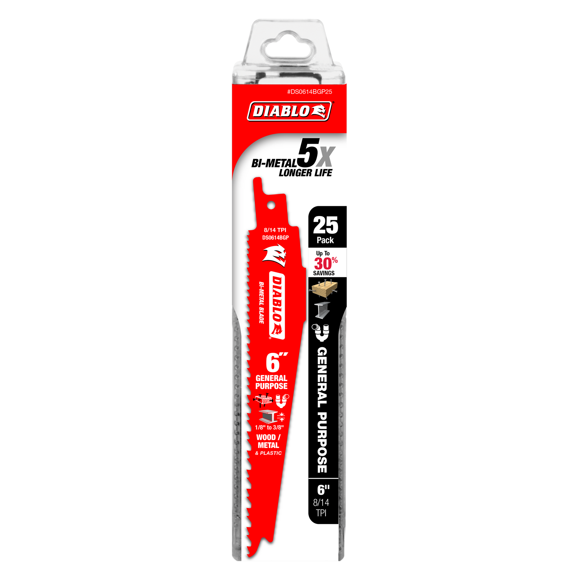 Diablo 6-inch bi-metal reciprocating saw blade with red coating and serrated edge in retail packaging, 25-pack.
