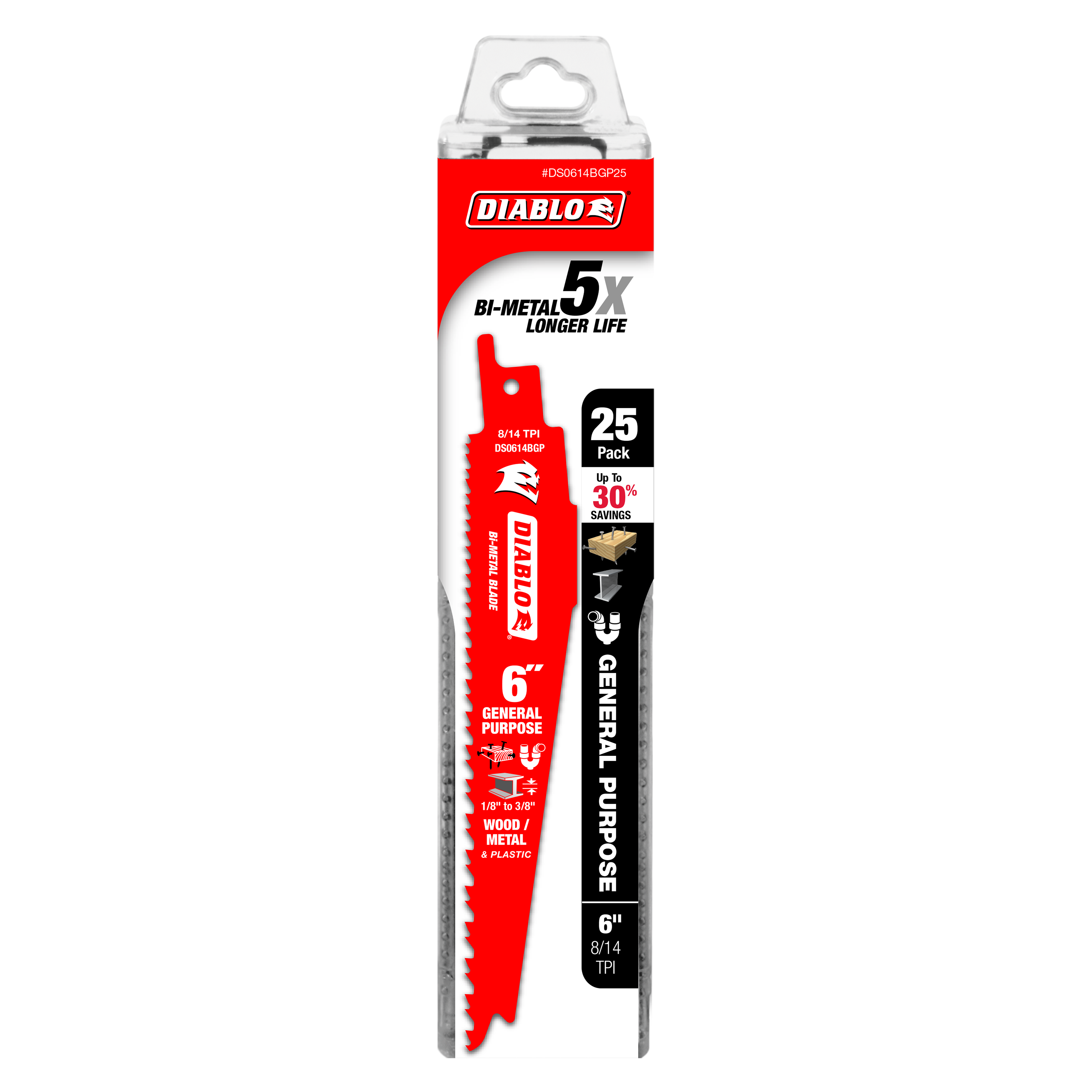 Diablo DS0614BGP25 6 in. Bi-Metal Recip Blade for Nail-Embedded Wood, Metal, and Plastic - 2 Packs of 25 (50 Total)
