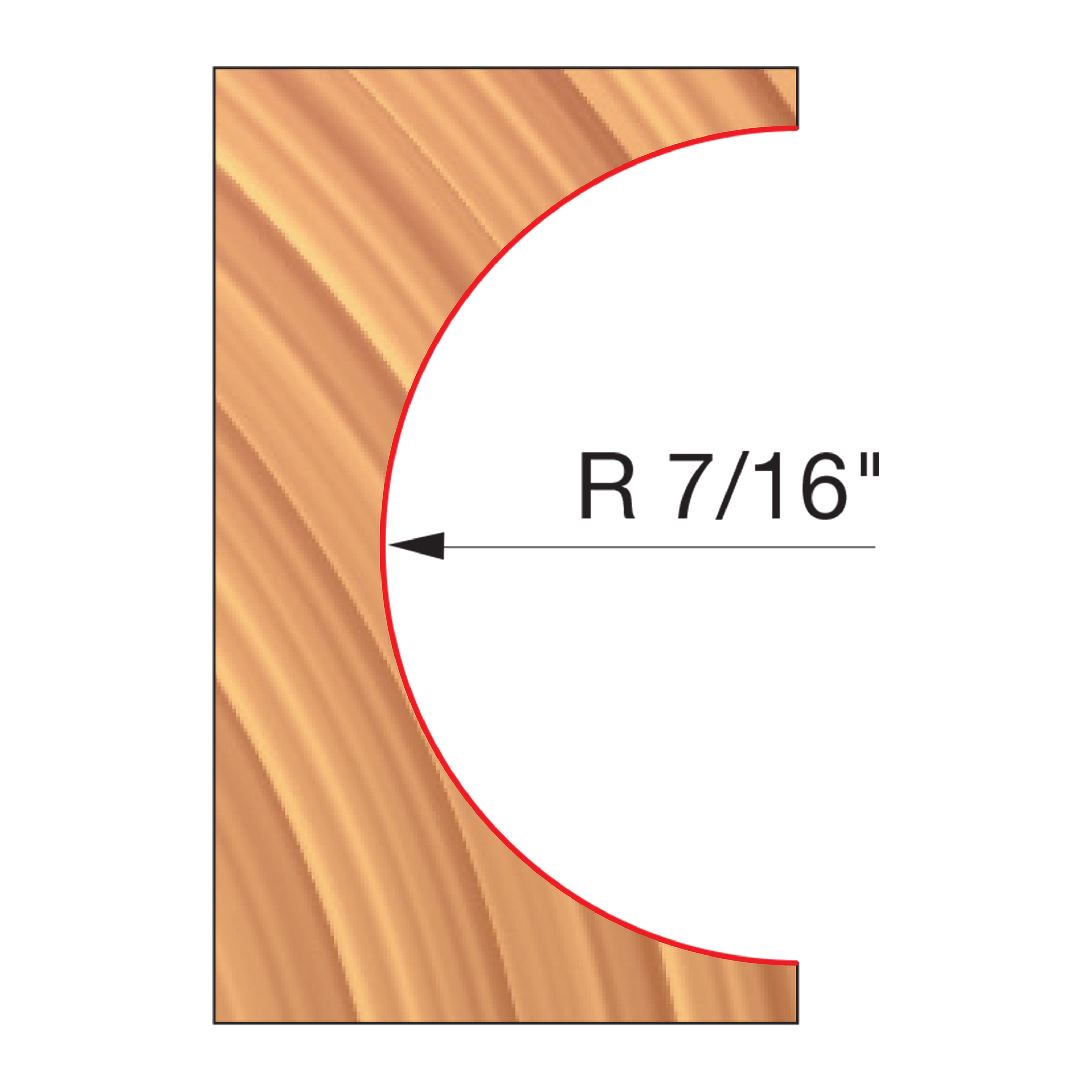 Router bit with convex radius cutting edge marked R 7/16" on wood sample showing curved profile.