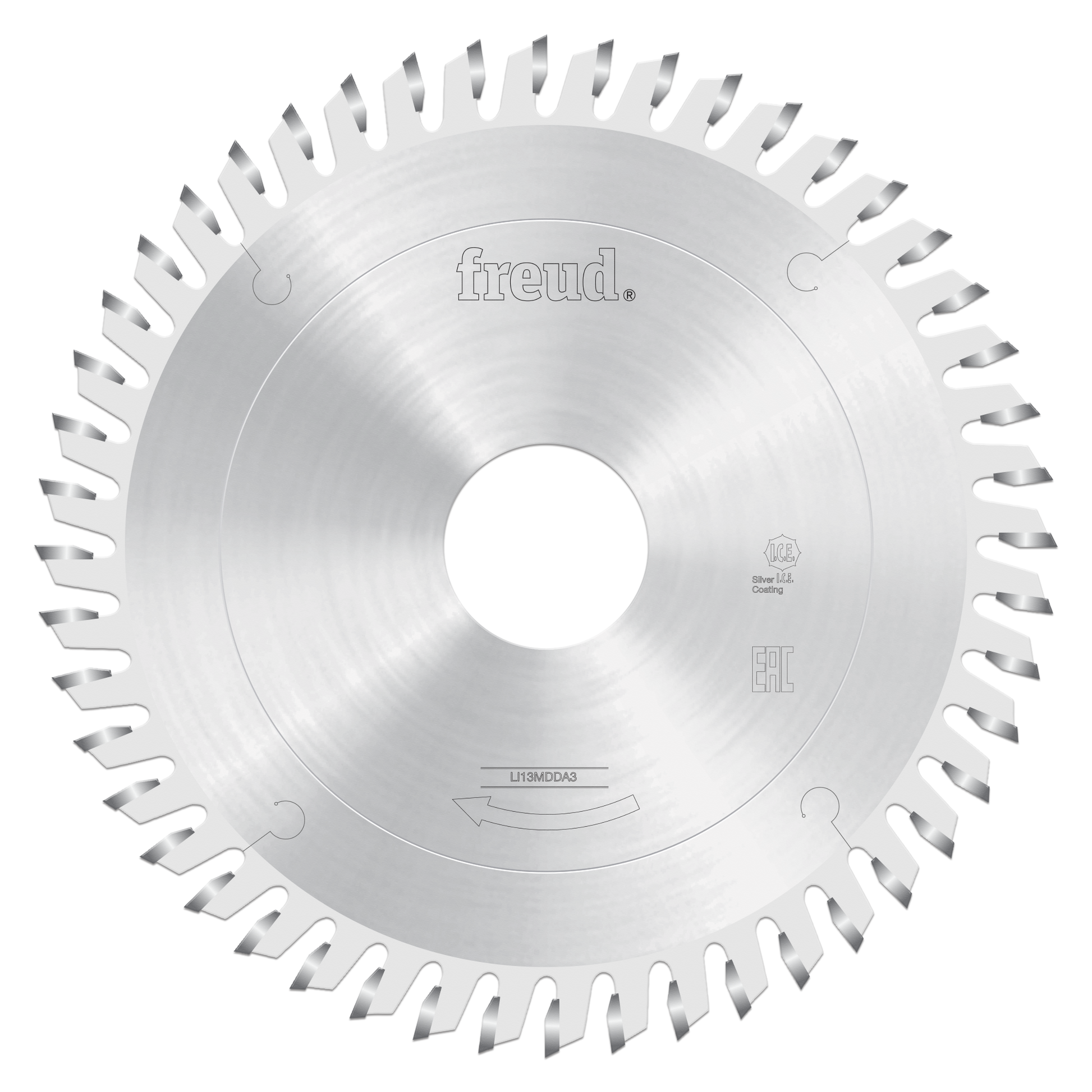 Circular saw blade with beveled teeth around the perimeter, central arbor hole, and "freud" branding on polished steel surfac