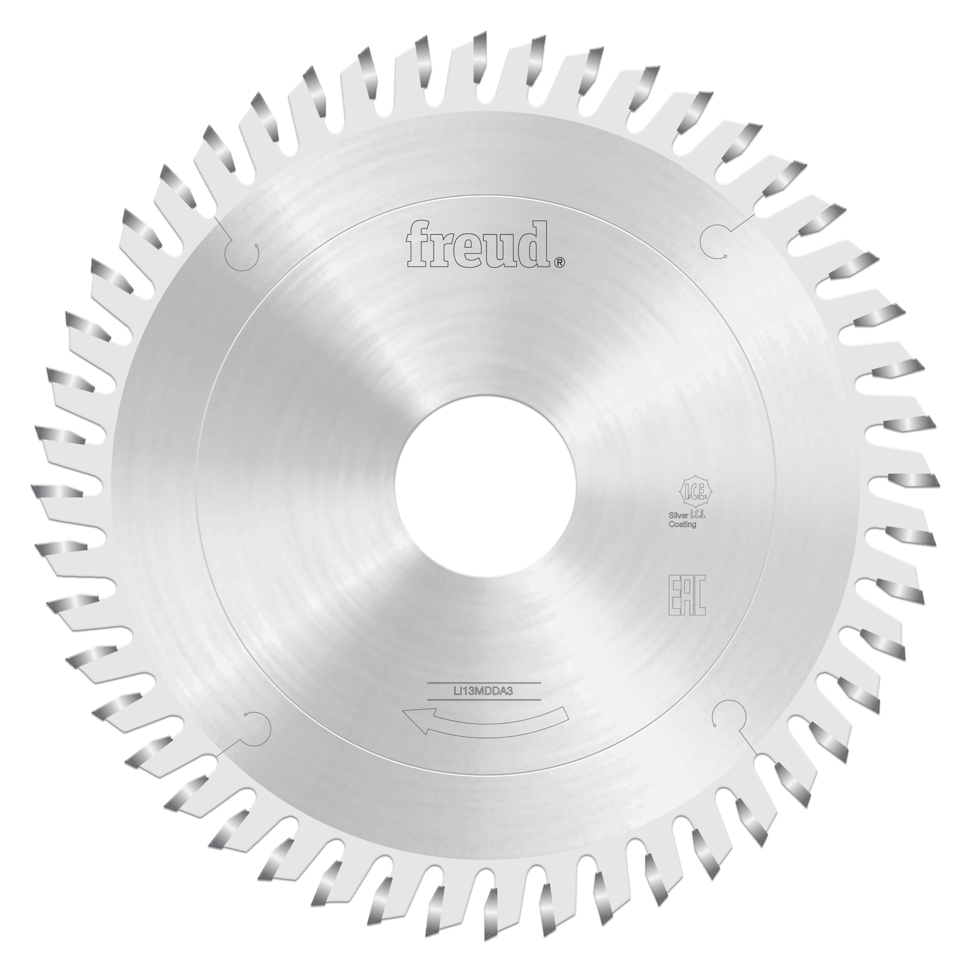 Circular saw blade with beveled teeth around the perimeter, central arbor hole, and "freud" branding on polished steel surfac