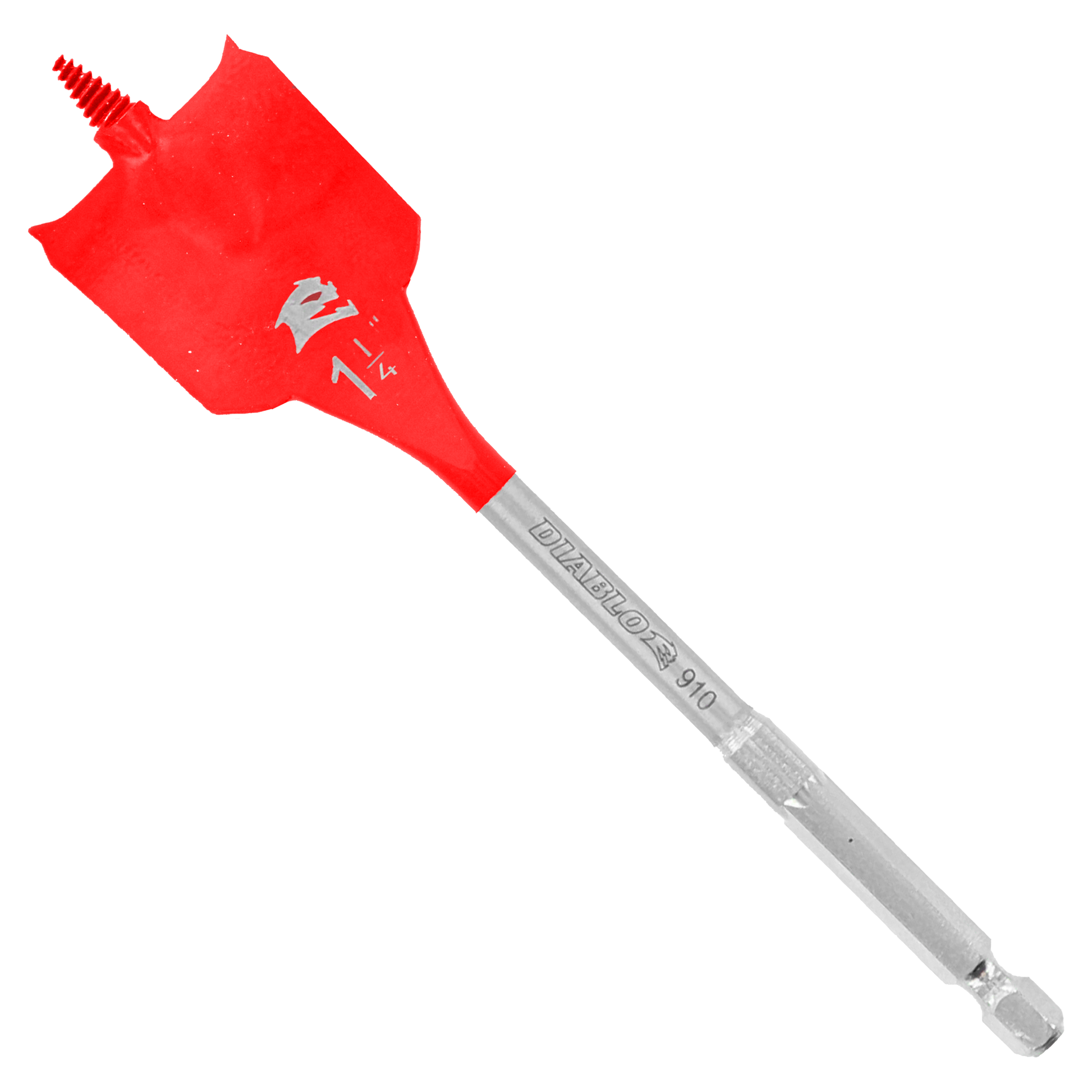 Red and gray spade drill bit with flat paddle head and threaded shank for drilling.