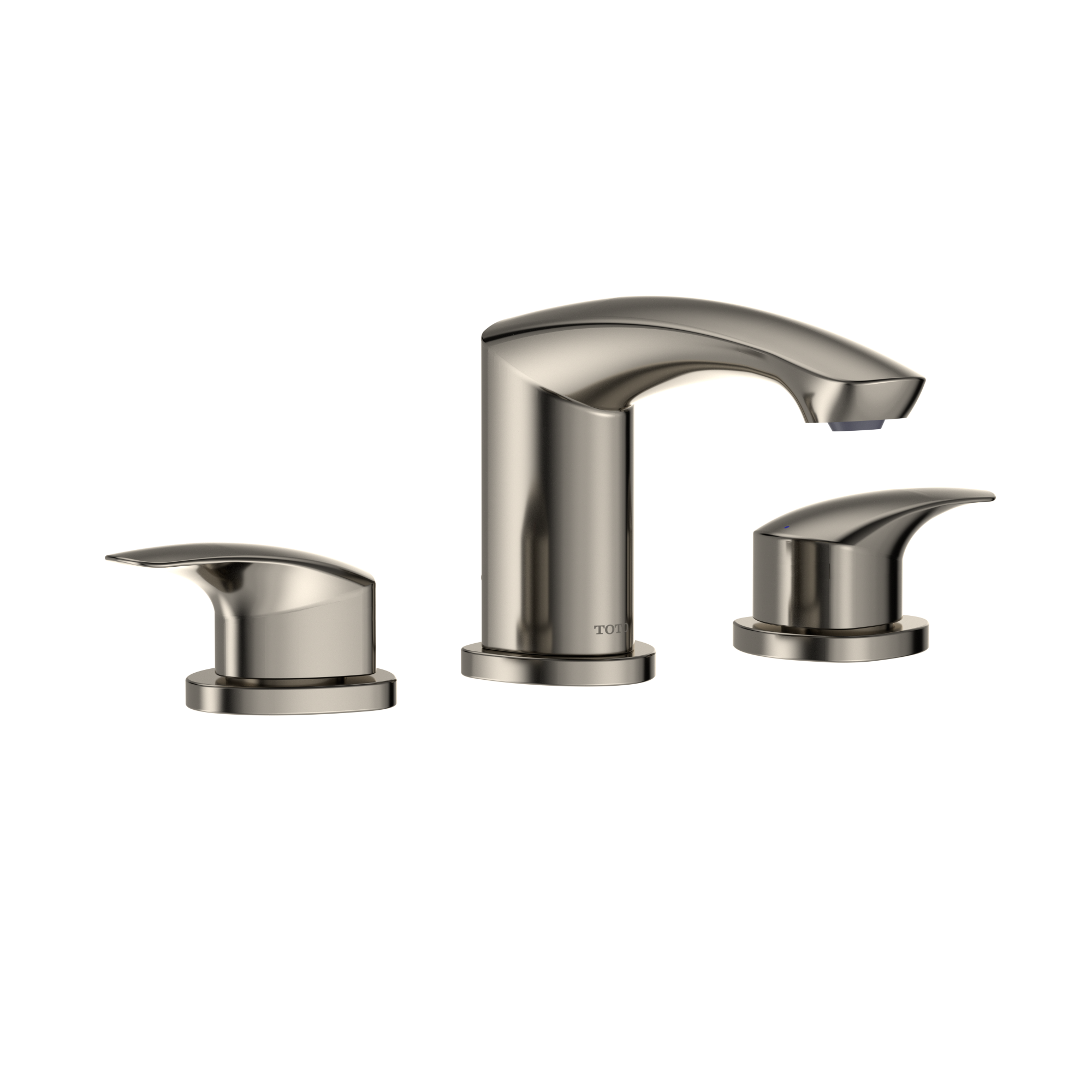 Polished nickel widespread bathroom sink faucet with curved spout and two lever handles.