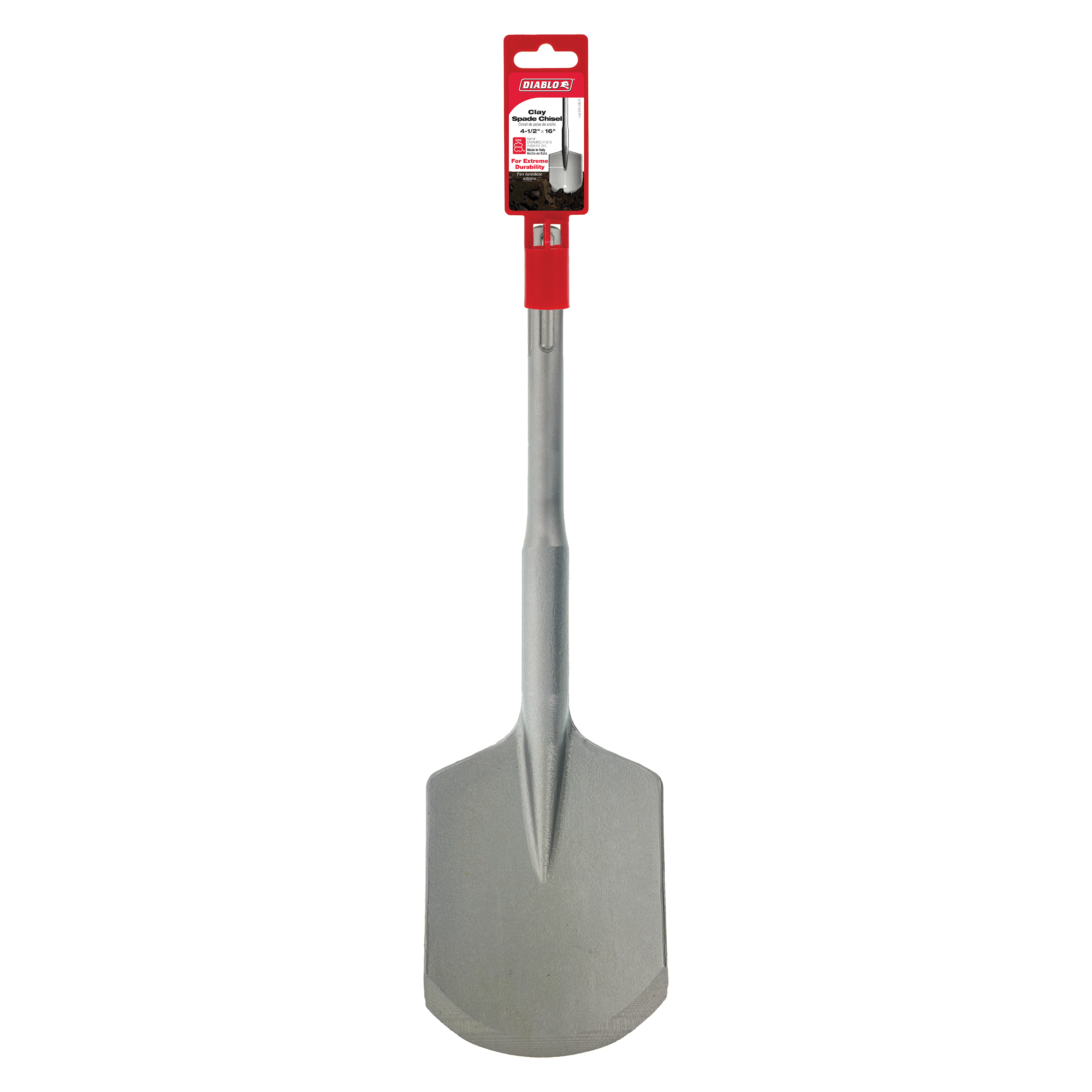 Diablo SDS-Max clay spade chisel with red grip handle and gray metal blade on long shaft.