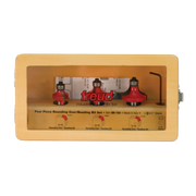 Three red round over/beading router bits with 1/2" shanks displayed in tan packaging box with black hex key.