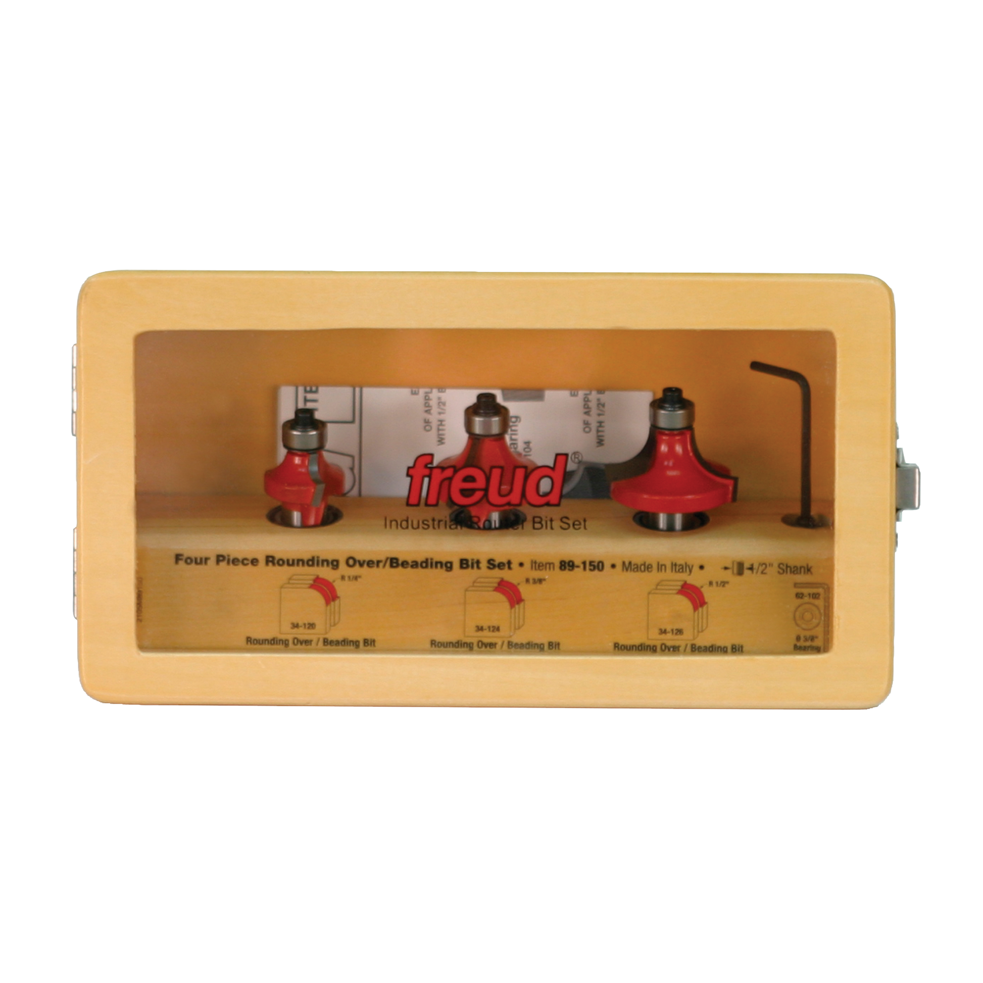 Three red round over/beading router bits with 1/2" shanks displayed in tan packaging box with black hex key.