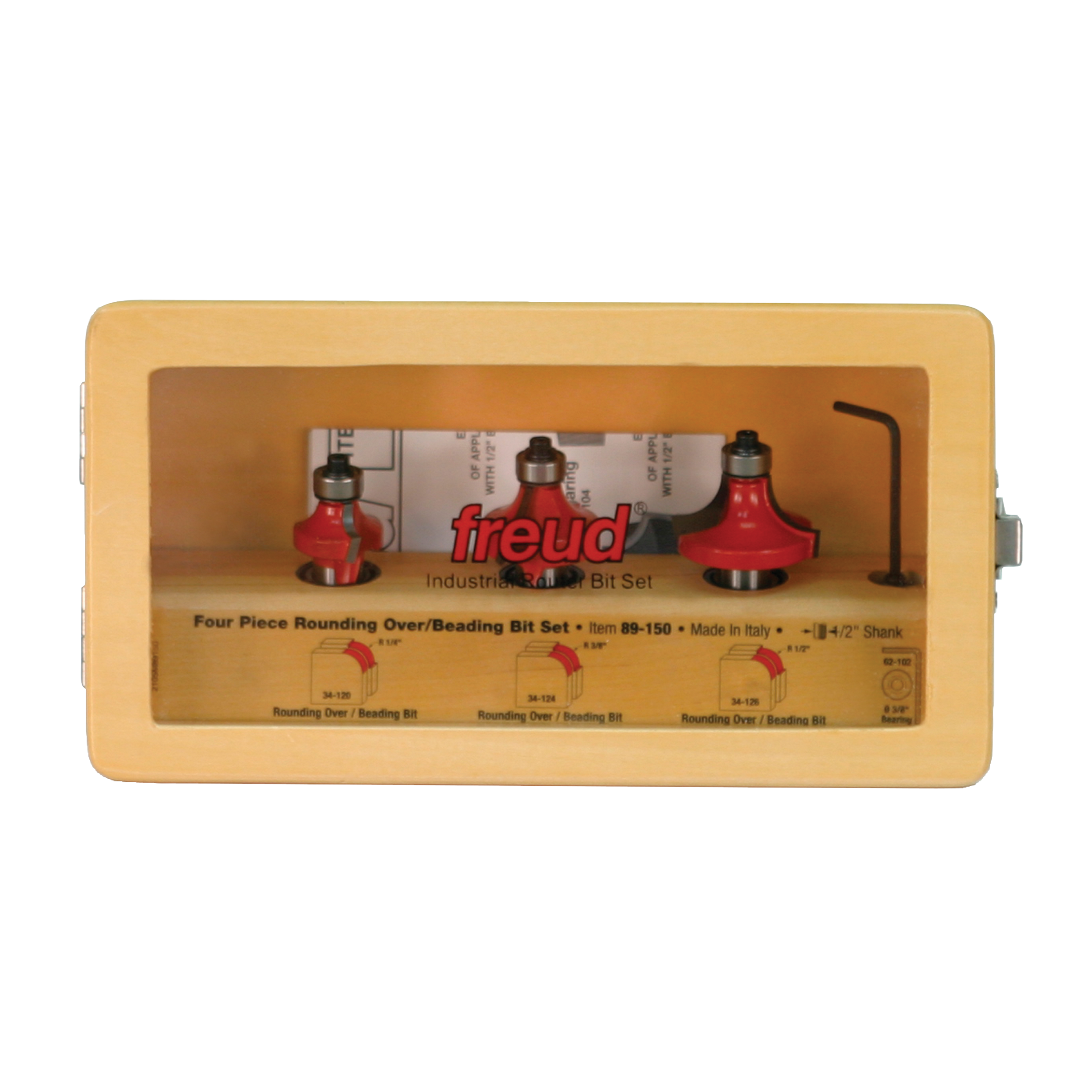 Three red round over/beading router bits with 1/2" shanks displayed in tan packaging box with black hex key.