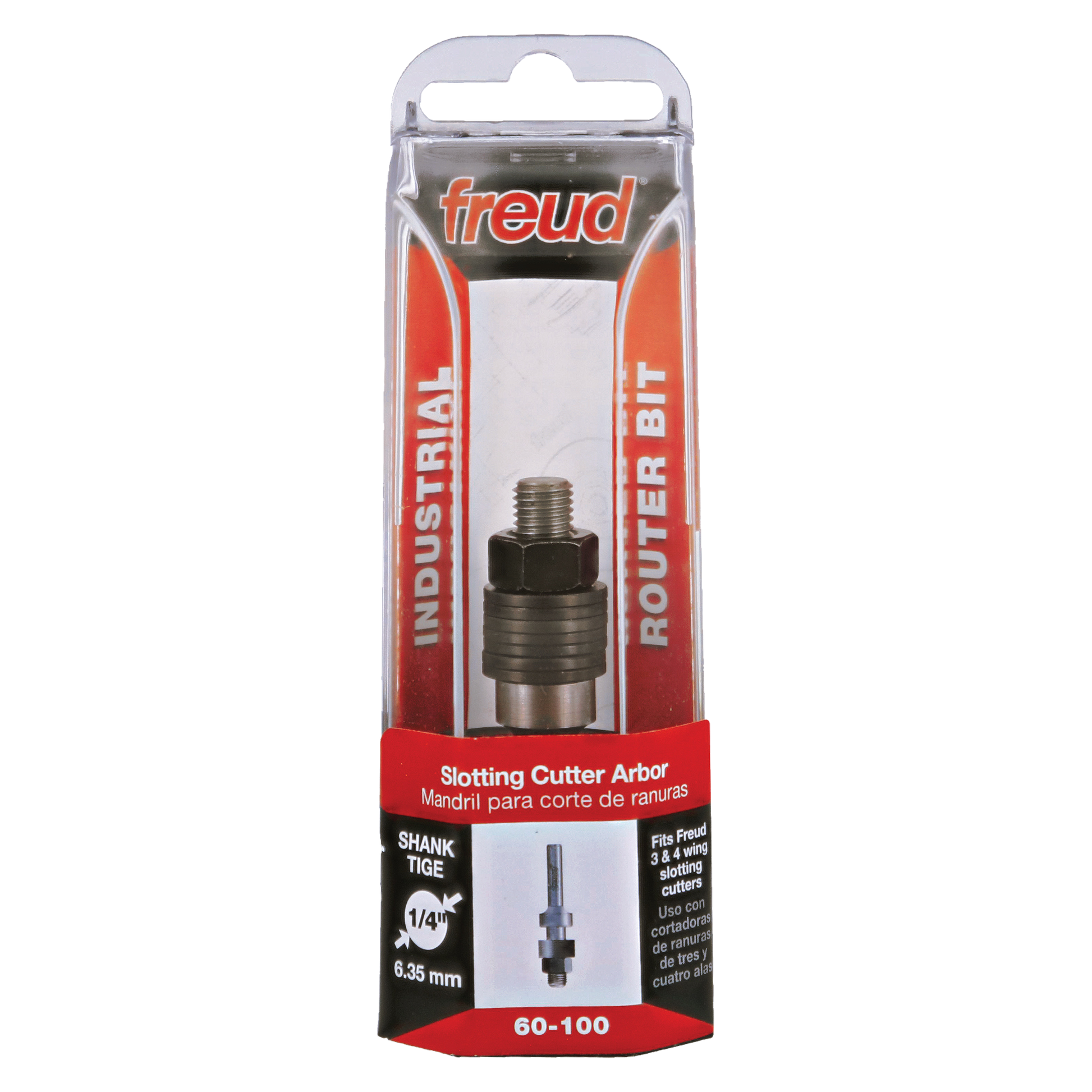 Freud slotting cutter arbor with 1/4" shank in clear plastic retail packaging with red and white labeling.