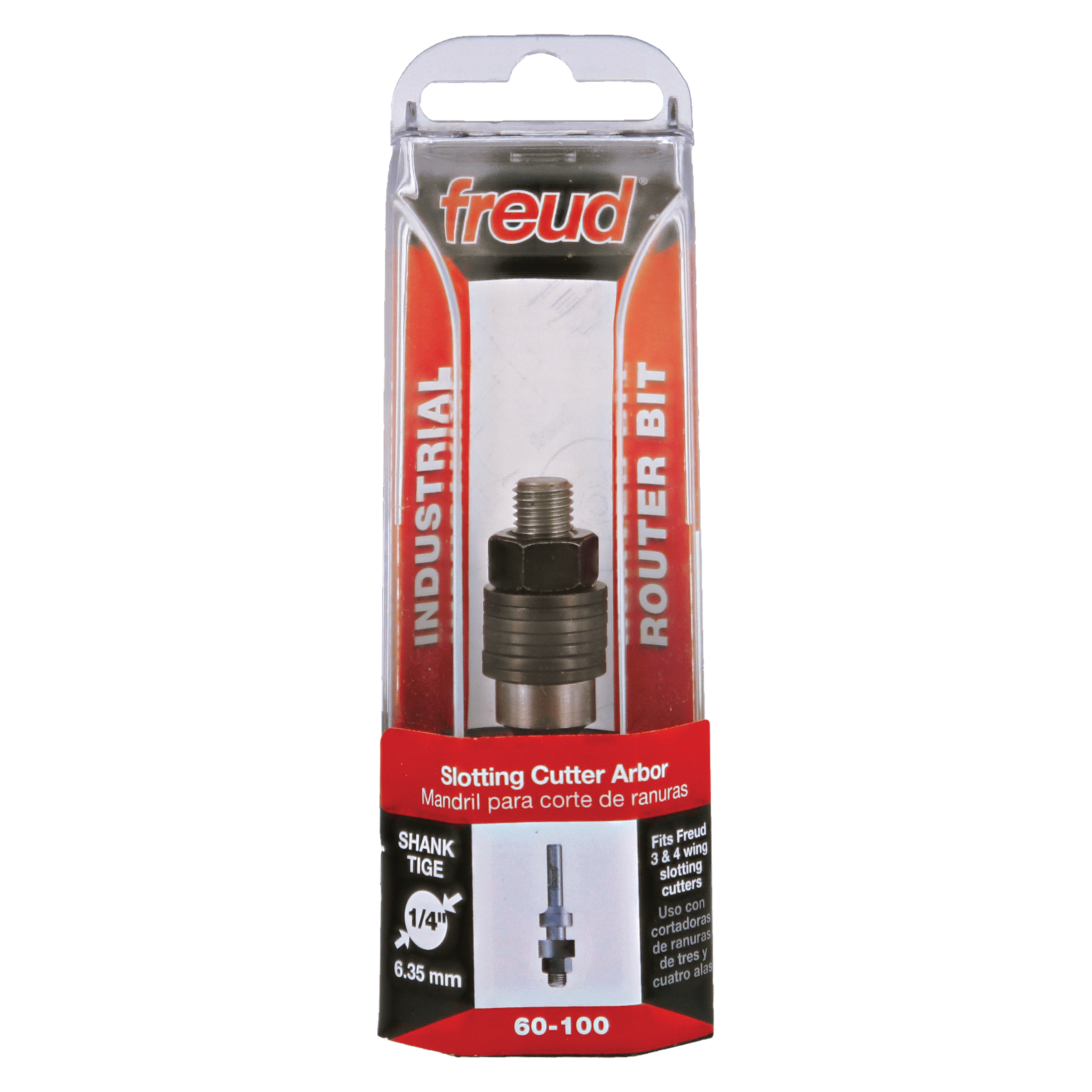Freud slotting cutter arbor with 1/4" shank in clear plastic retail packaging with red and white labeling.