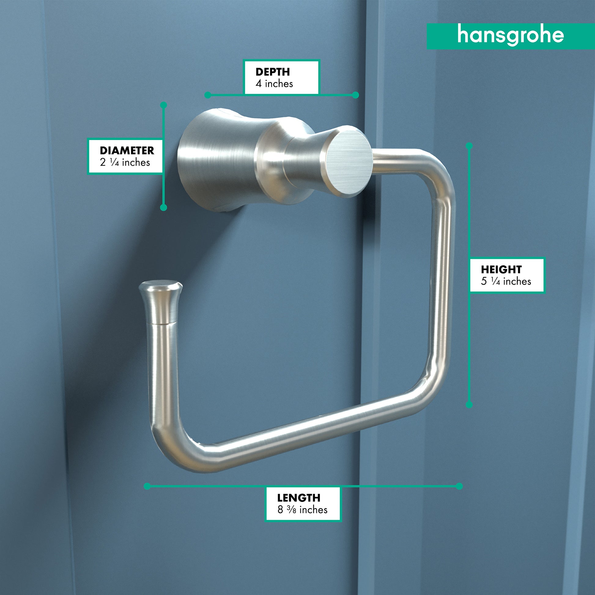Brushed nickel towel ring with square mounting plate and curved arm, shown with dimension measurements on blue wall.